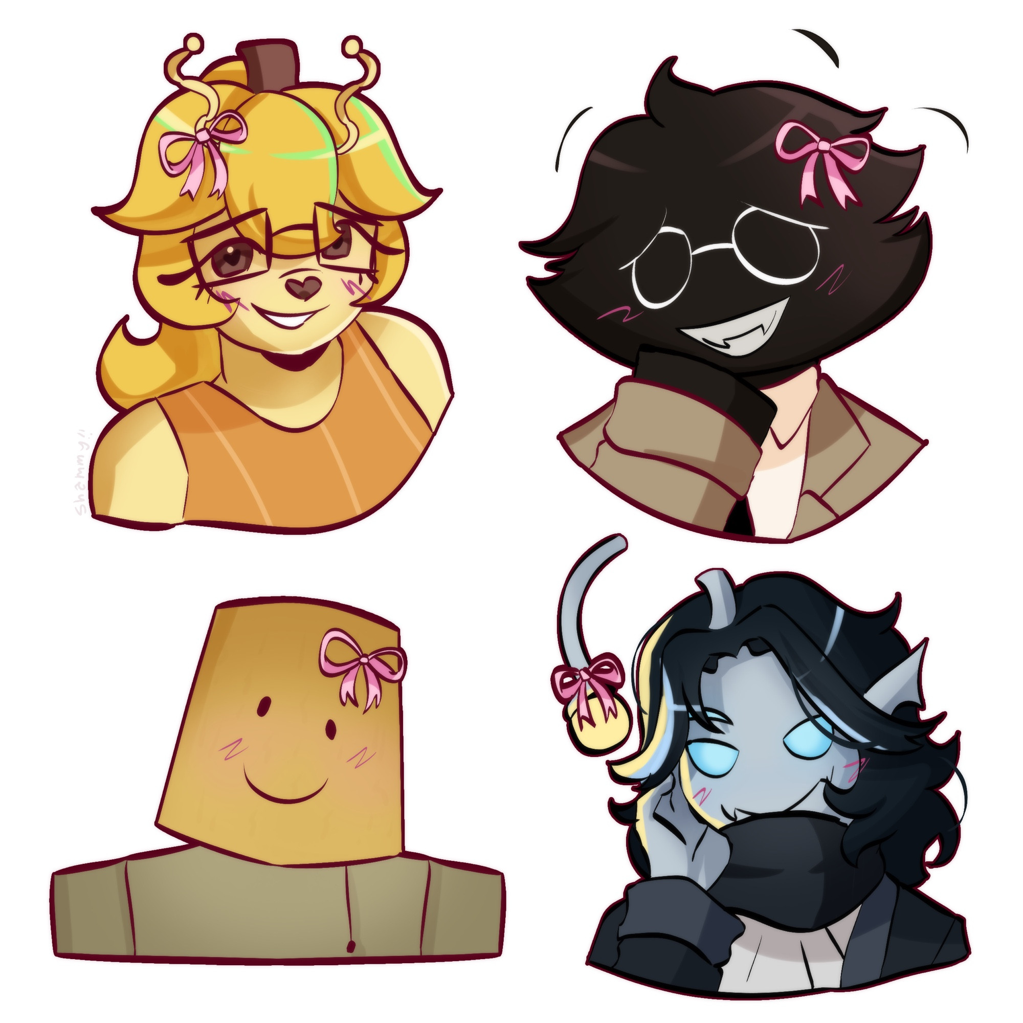 Split, Bive, Lampert (Regretevator), and Sebastian (Pressure) drawn as busts with pink bows on their heads 