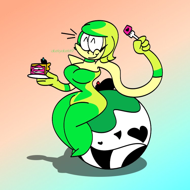 vennie eating a slice of monoka cake on top of an abstracted grayscale ball