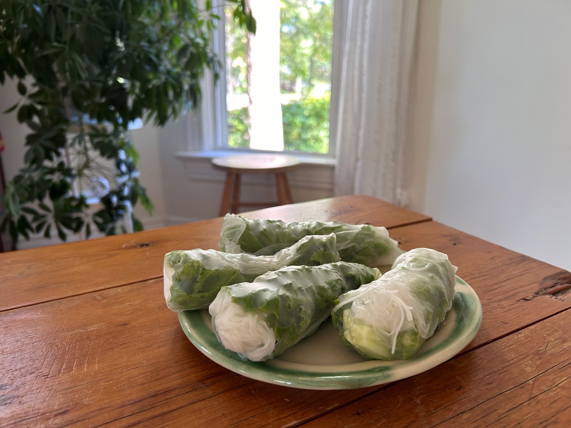 Four fresh spring rolls on a plate sitting on a wooden table in front of an open window.