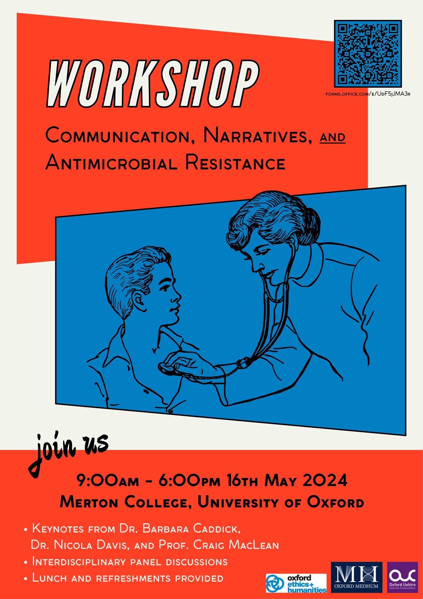 A poster for a workshop called “Communication, Narratives, and Antimicrobial Resistance”. 9am to 6pm 16th May 2024. Merton College, University of Oxford.