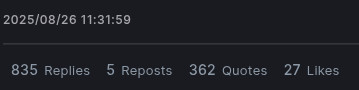Screenshot showing 835 replies, 5 reposts, 362 quotes, and 27 likes.