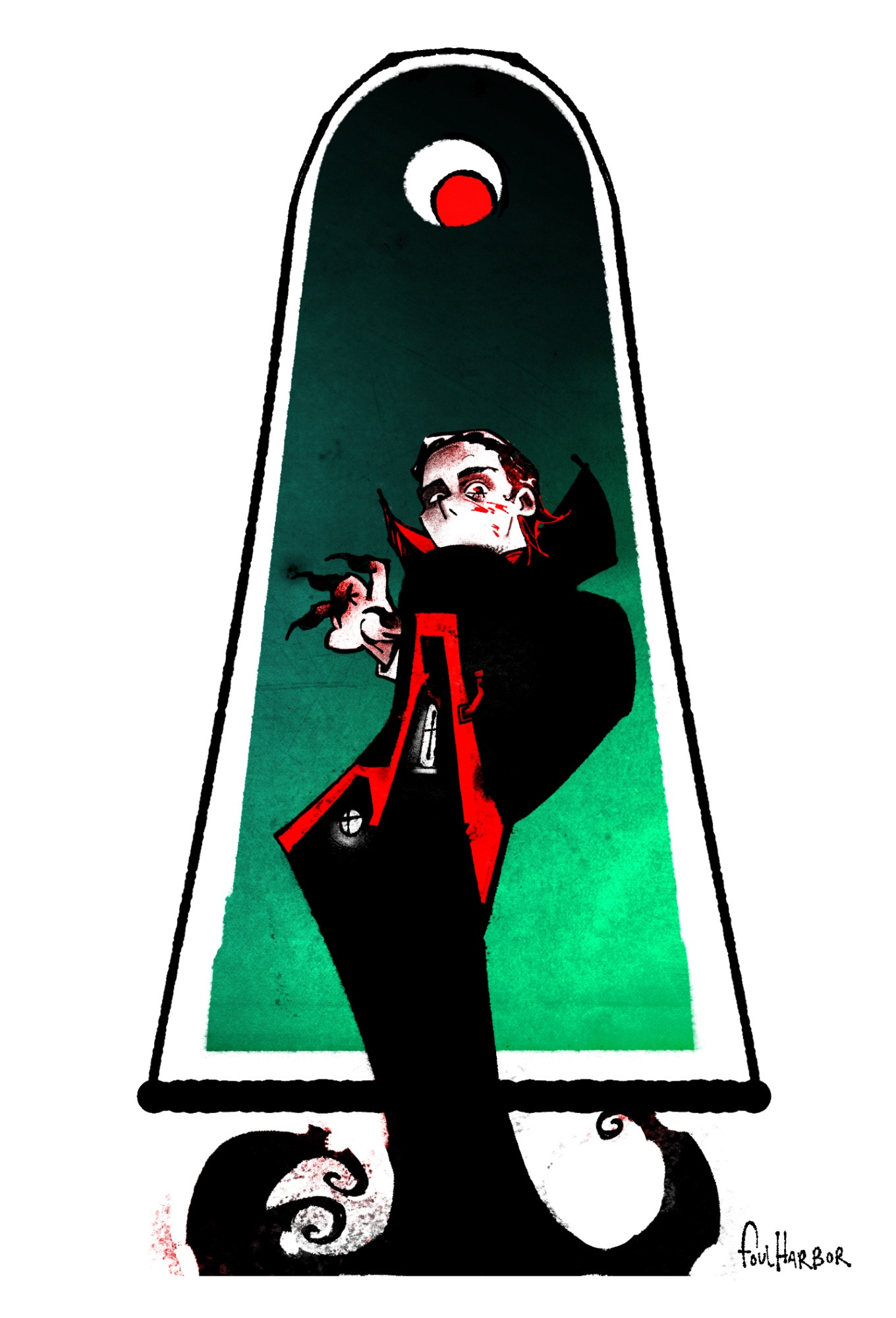 A digital illustration of Gerard Way in his Vampire outfit, he stands upright against a large window in the background. His silhouette is highly stylized, imposed with window and roof elements of a gothic mansion. He has a hand with claws extended and a small blood spatter on his face. The background window transitions from a bright green into black, with a bright white moon visible at the top.