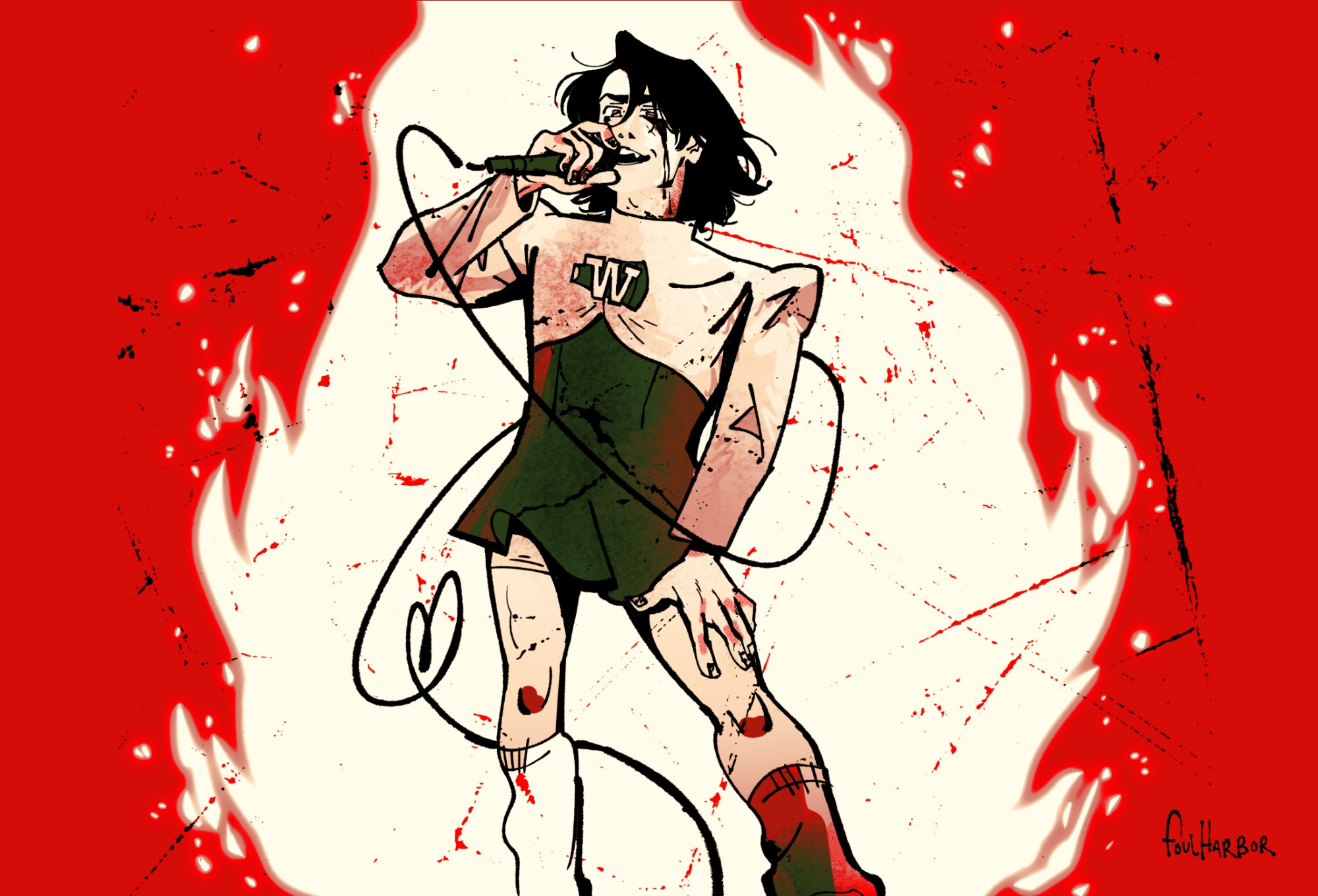 A digital illustration of Gerard Way in his vintage cheerleader dress outfit, the background is a bright white flame silhouette against a bright red background. He’s holding a microphone as if mid concert. The line quality is crunchy and highly textured.