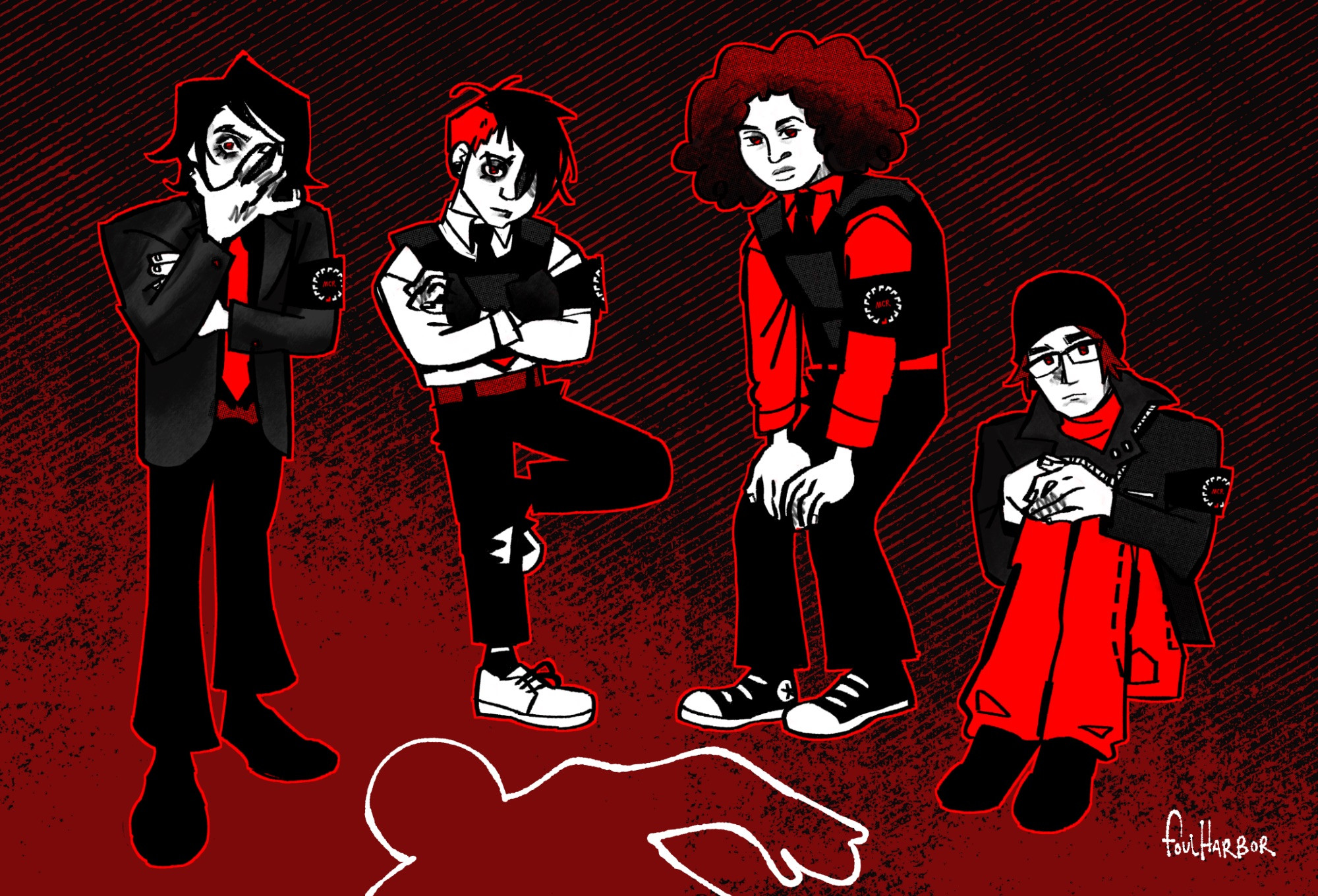 A digital illustration group shot of the members of My Chemical Romance. They’re in their "Three Cheers for Sweet Revenge" era outfits, Gerard Frank and Ray are leaning against a wall and Mikey is sitting on the ground. The color palette is black and grungy reds. There is a chalk body outline on the ground in front of them. 