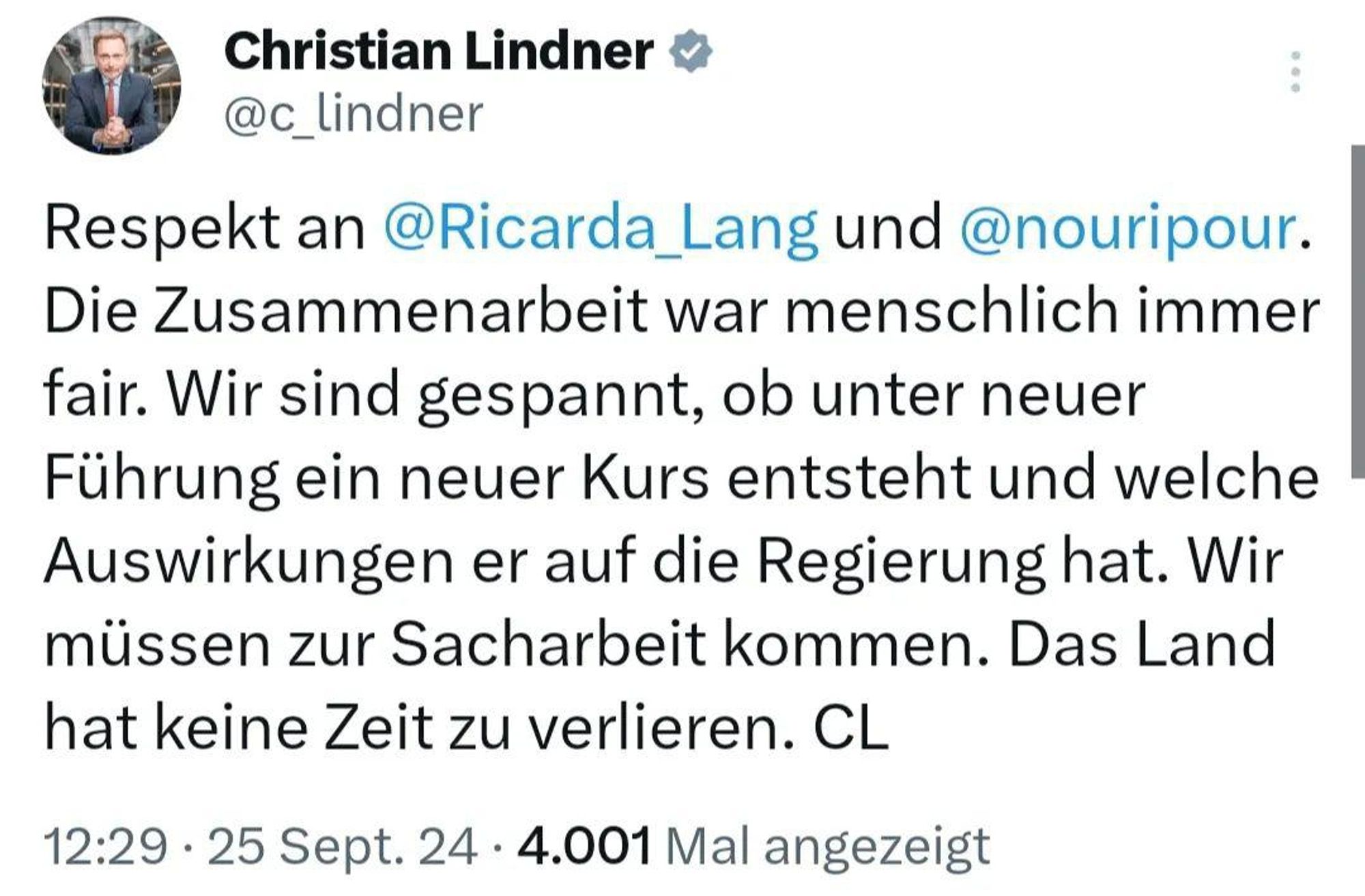 Tweet von Christian Lindner zum Rücktritt der Grünen-Vorsitzenden. Er schreibt, dass die Zusammenarbeit "menschlich immer fair" gewesen sei, stellt aber seine Hoffnung in den Raum, dass eine neue Grünen-Spitze einen "neuen Kurs" mit sich bringen würde.