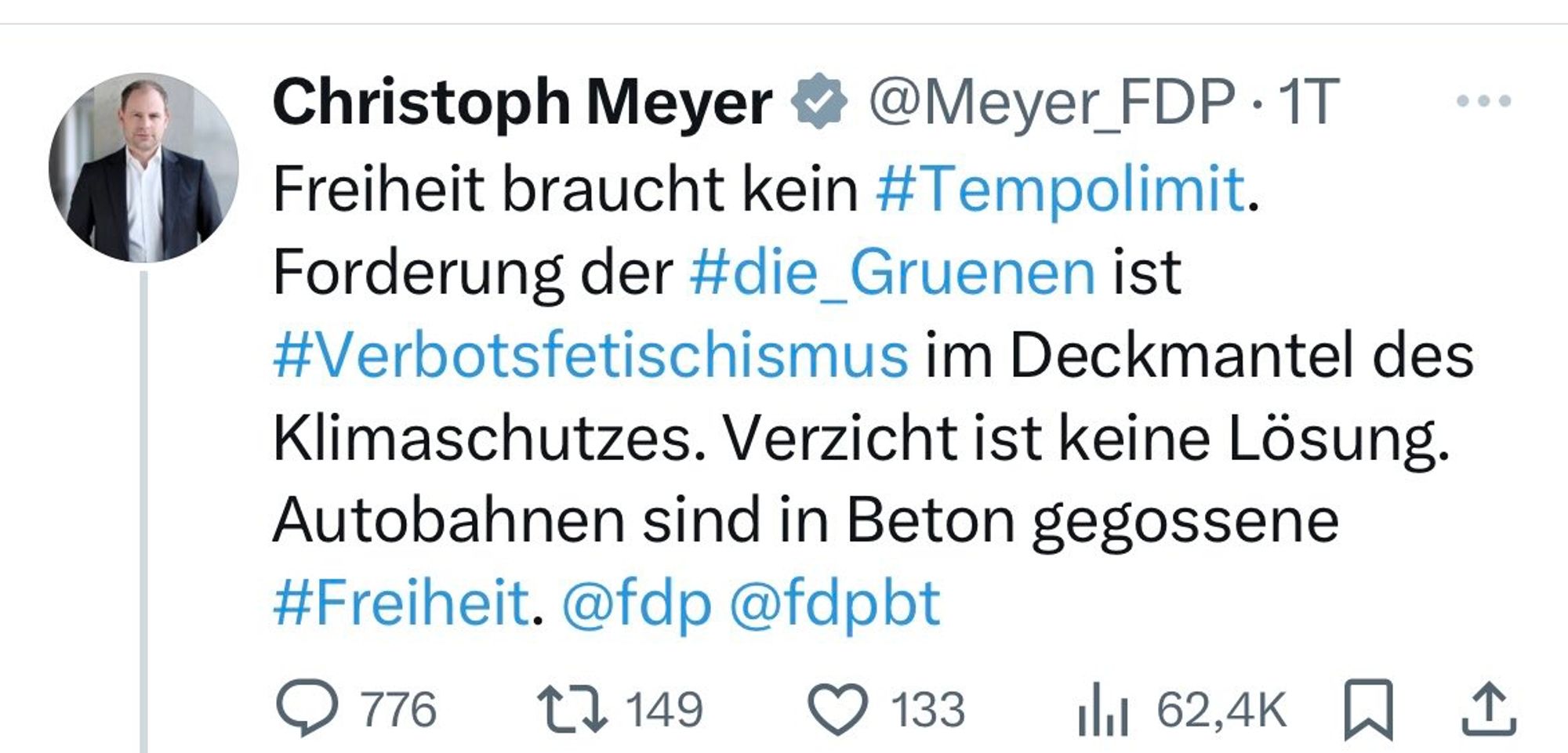 Tweet von Christoph Meyer, der sich gegen Tempolimits ausspricht.