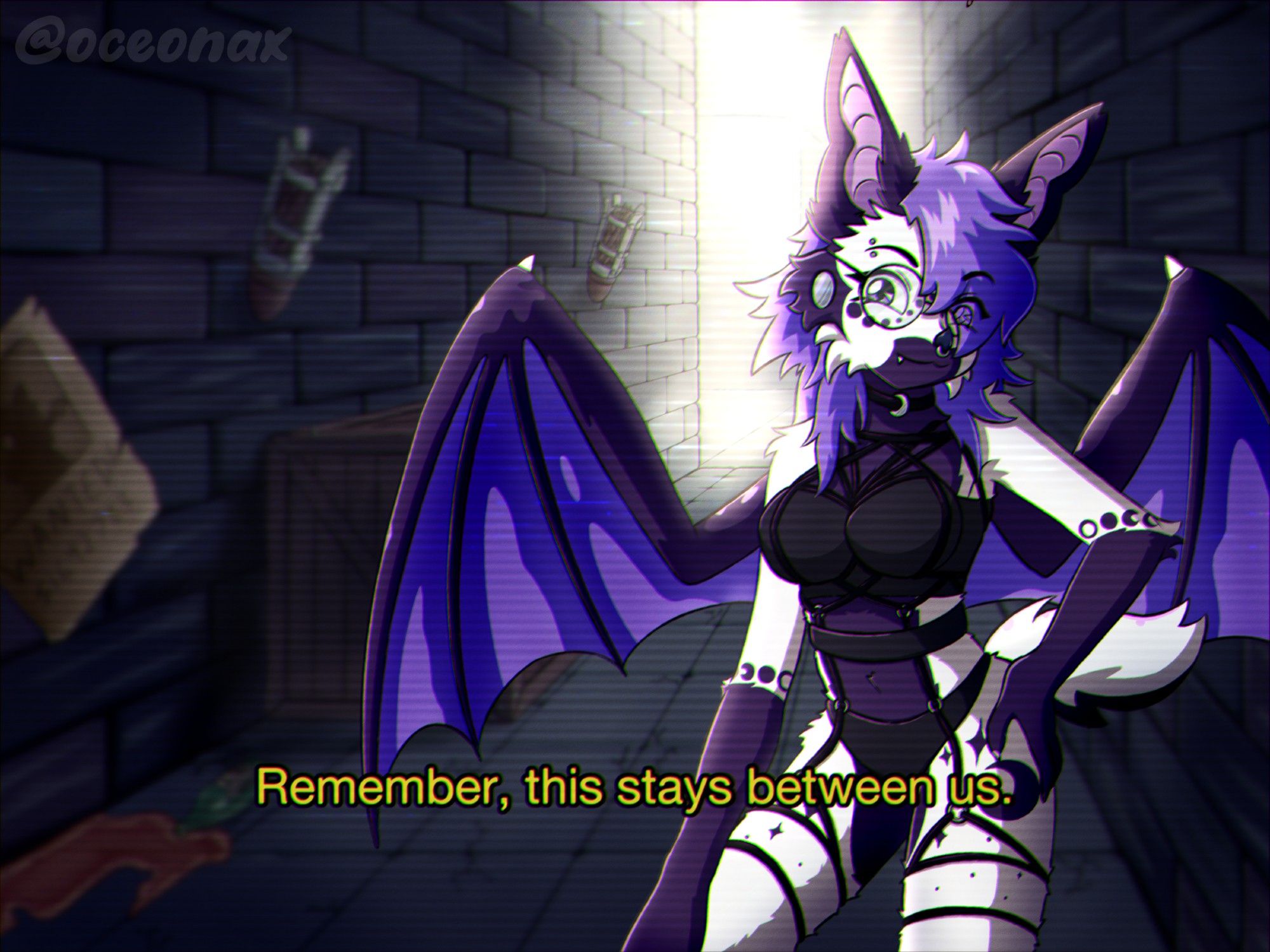 A retro anime screenshot style art piece featuring a white and purple furred bat girl with glasses and piercings, standing with her hand on her hip and her wings extended and wearing black alternative clothes. She's in a dark alley lined with cobblestone walls, torches, a wanted poster and a crate.