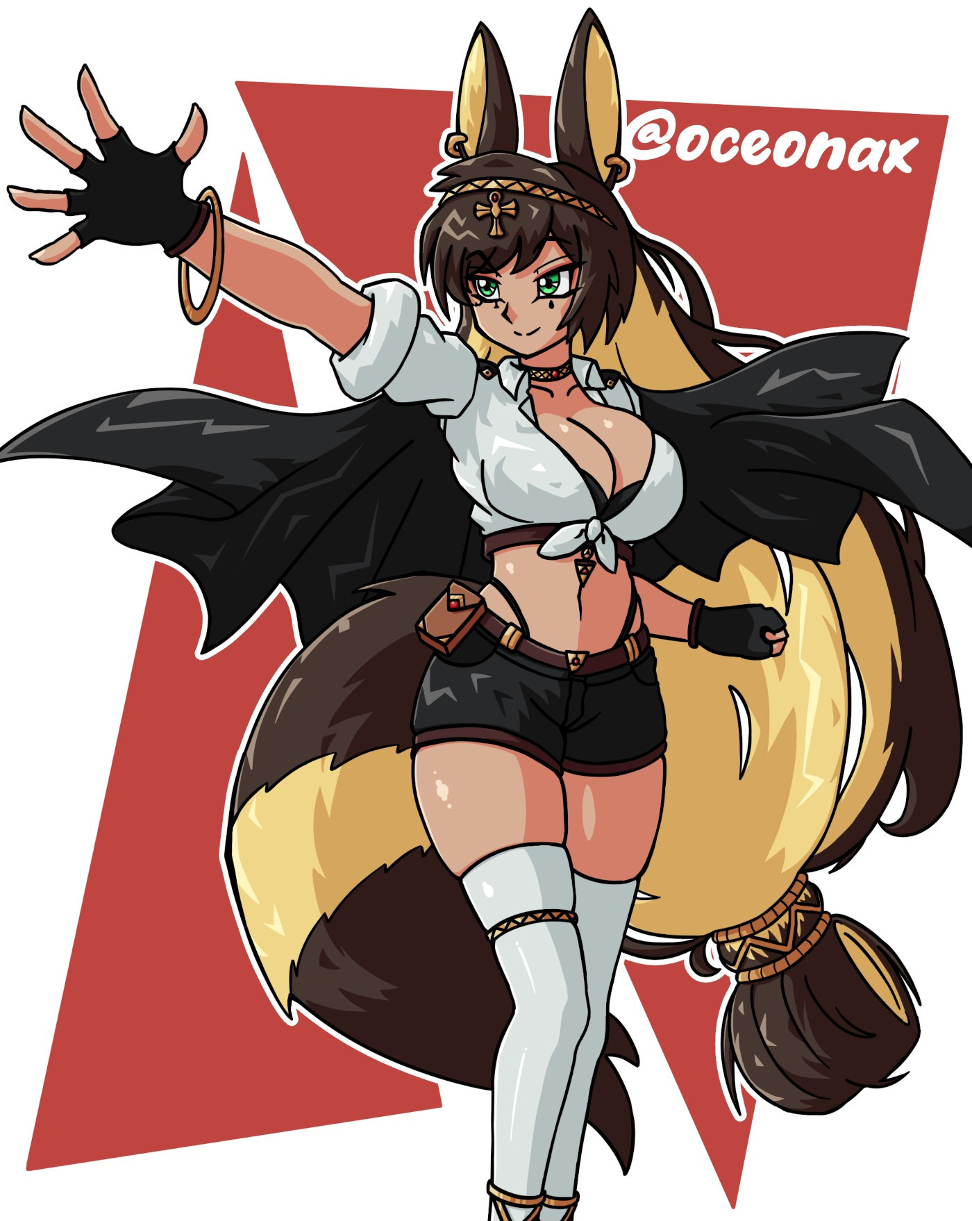 A cel-shaded, retro anime style digital illustration in Yu-Gi-Oh style of a jackal-eared fluffy-tail girl with long brown hair with a blonde under colour, green eyes and a curvy figure, she's wearing a tied white shirt with the sleeves rolled up and a belt underneath, as well as fingerless gloves and gold bangles and black shorts with hip-high straps and white thighhighs, she has a black cape around her shoulders and a collar as well as various gold accessories across her body, she's in a standing pose holding out her hand with a red triangle background!