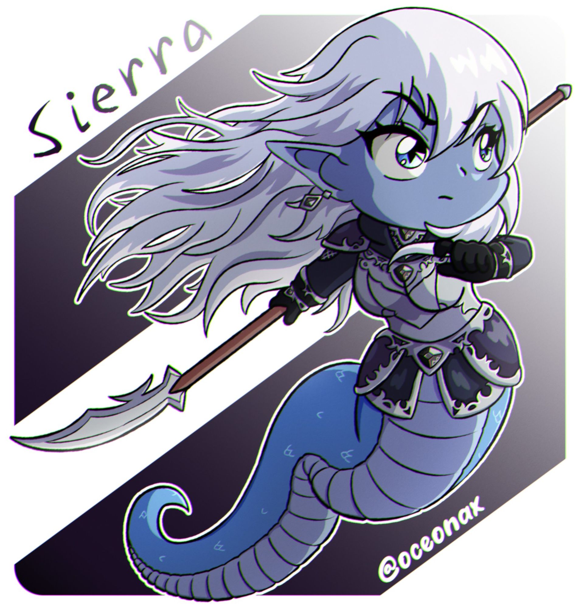 A retro-anime styled cel-shaded chibi full body illustration of a blue-skinned and pointy-eared lamia girl, with long silvery-white hair and a darker blue-scaled tail. She's wearing a set of dark grey, purple and silver armour with intricate patterns across it, holding a spear in an action pose. She's mostly in shadow, with a sliver of light to the right illuminating her.