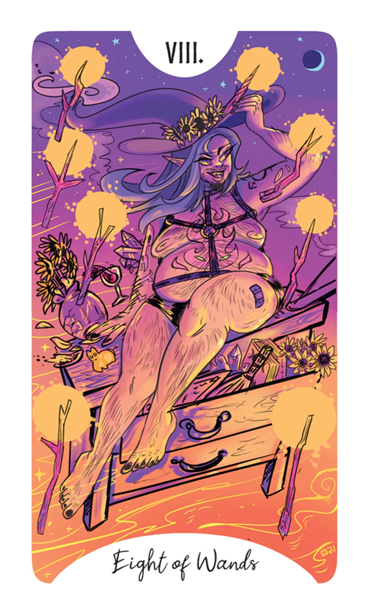 The Eight of Wands from the Fat Folks Tarot. It features a fat trans man witch riding high on his altar led by 8 glowing wands.