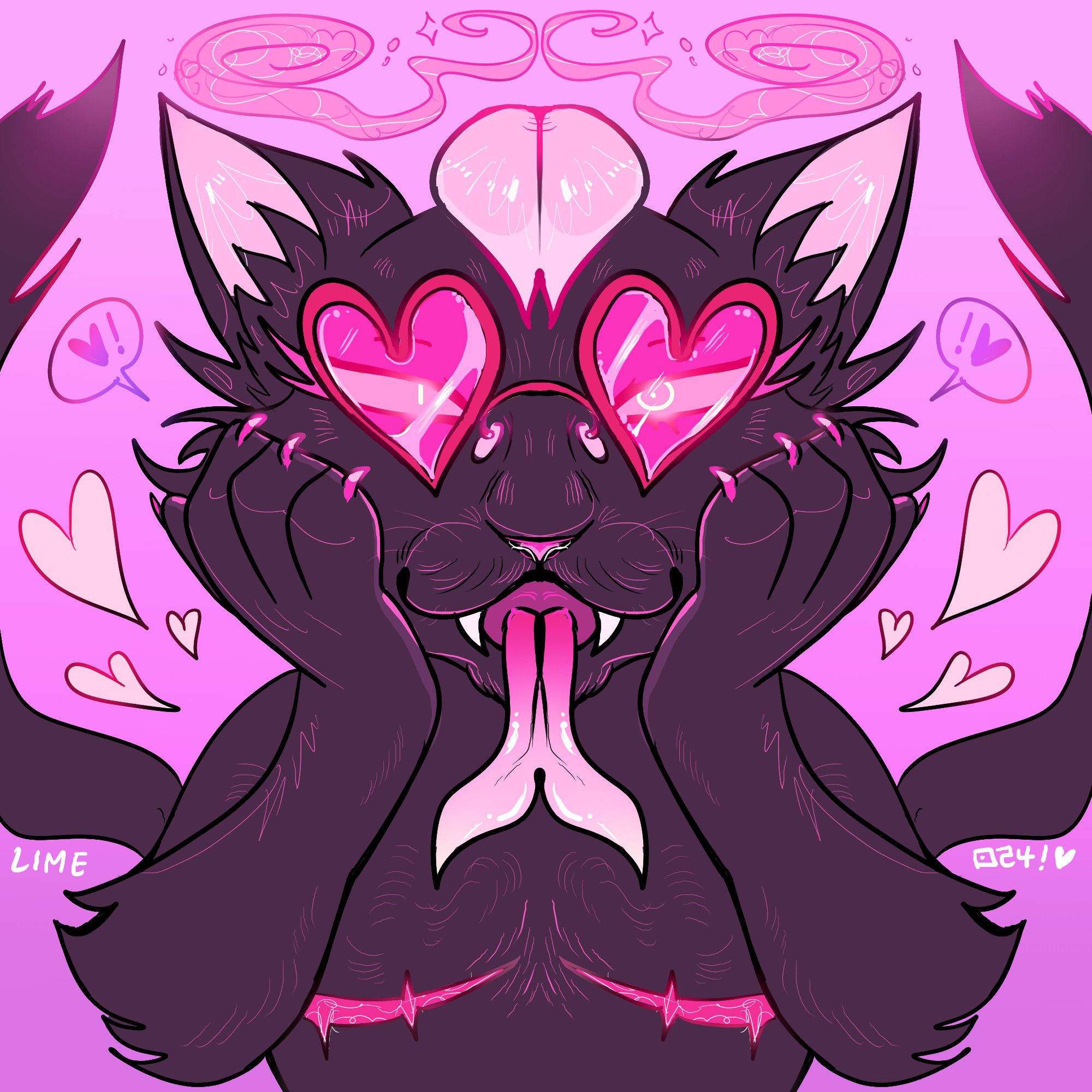 a black cat with pink undertones and bright pink eyes under bright pink heart shaped sunglasses has their hand paws on their face and have a happy expression with their forked tongue out. They have a cherry blossom petal on their head, and two tails (nekomata tails) that end in orbs of pink fire.