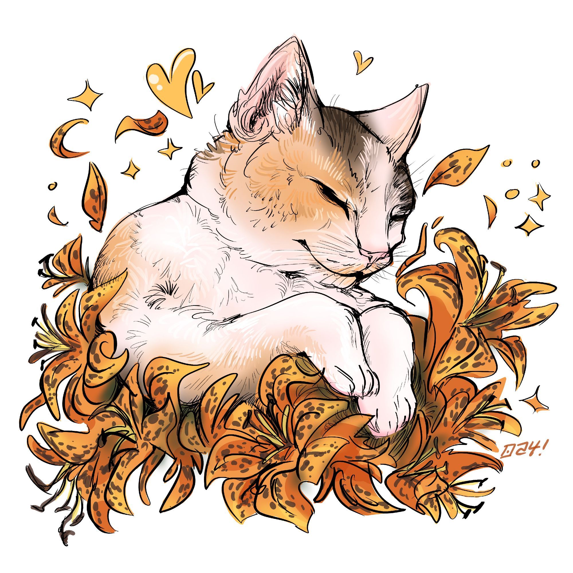 A sleepy peaceful calico kitty in a bed of tiger lilies