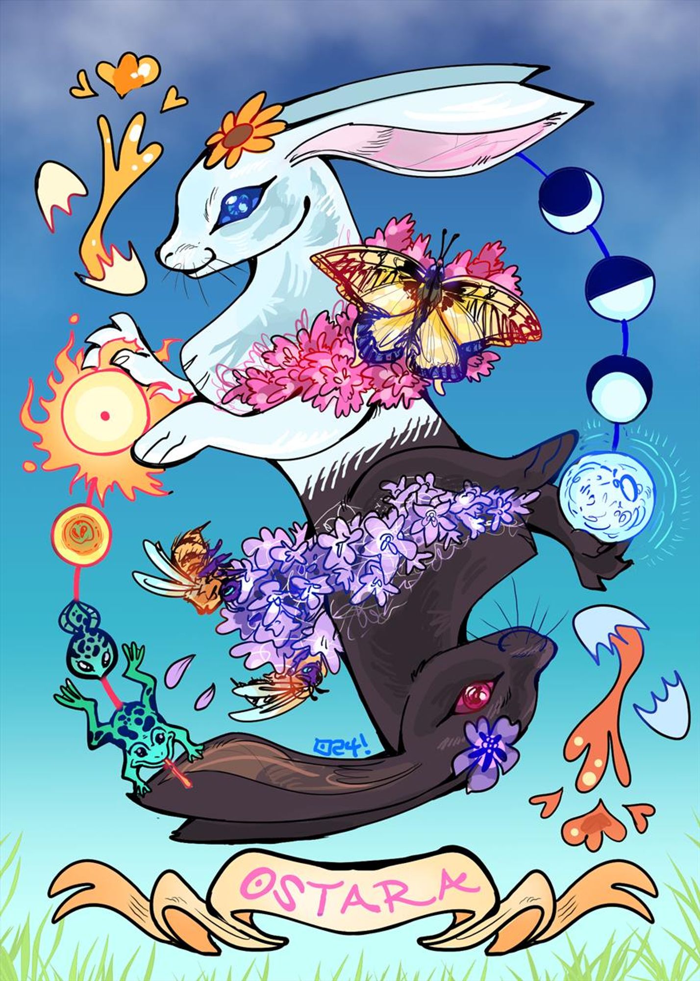 An Ostara illustration (Spring Equinox) featuring a playing card style duel headed hare with white fur on top with blue eyes and black fur on bottom with red eyes. The white hare is holding the Sun, and a warm colour egg is cracking with yolk above them. They have a mantle of pink flowers with a yellow butterfly on them. Coming from the Sun in a curve, the three stages of a frog's lifecycle are present. On the black furred hare side is Moon phases, while it holds the Full Moon. There are purple flowers in a mantle around its neck and honeybees on them. There is a cracked egg with darker yolk below them. A tattoo style ribbon says "Ostara" on it on the bottom. Grass peaks in at the bottom and clouds at the top on a dark blue to light blue gradient background.