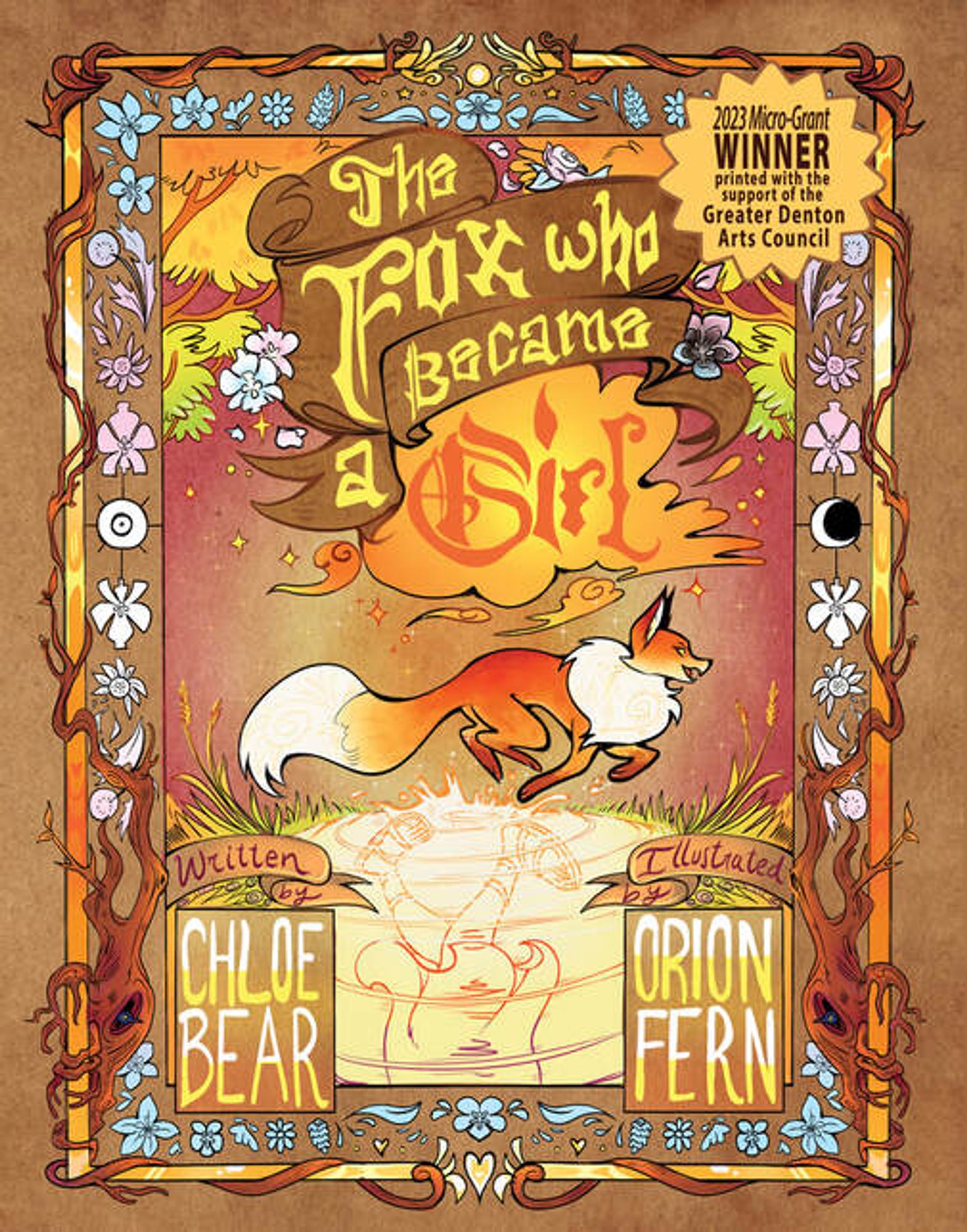 The Fox Who Became A Girl cover art, Written by Chloe Bear, Illustrated by Orion Fern. A small fox "boy" is running through a forest, splashing through a small pond, "his" reflection showing that of a human girl.