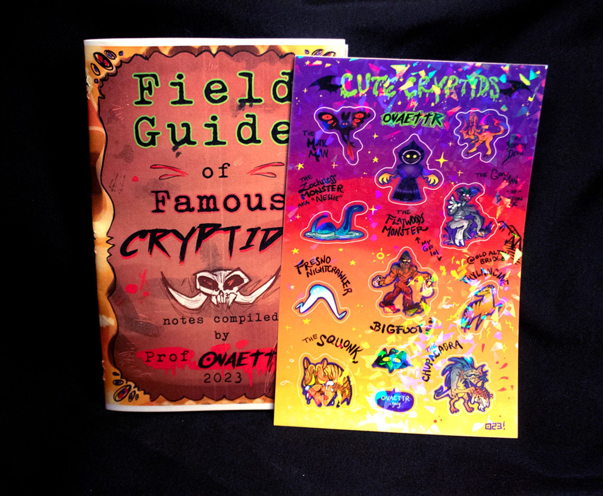 A field guide zine of famous cryptids, notes compiled by Professor Ovaettr 2023 featured with a Cute Cryptids sticker sheet too.