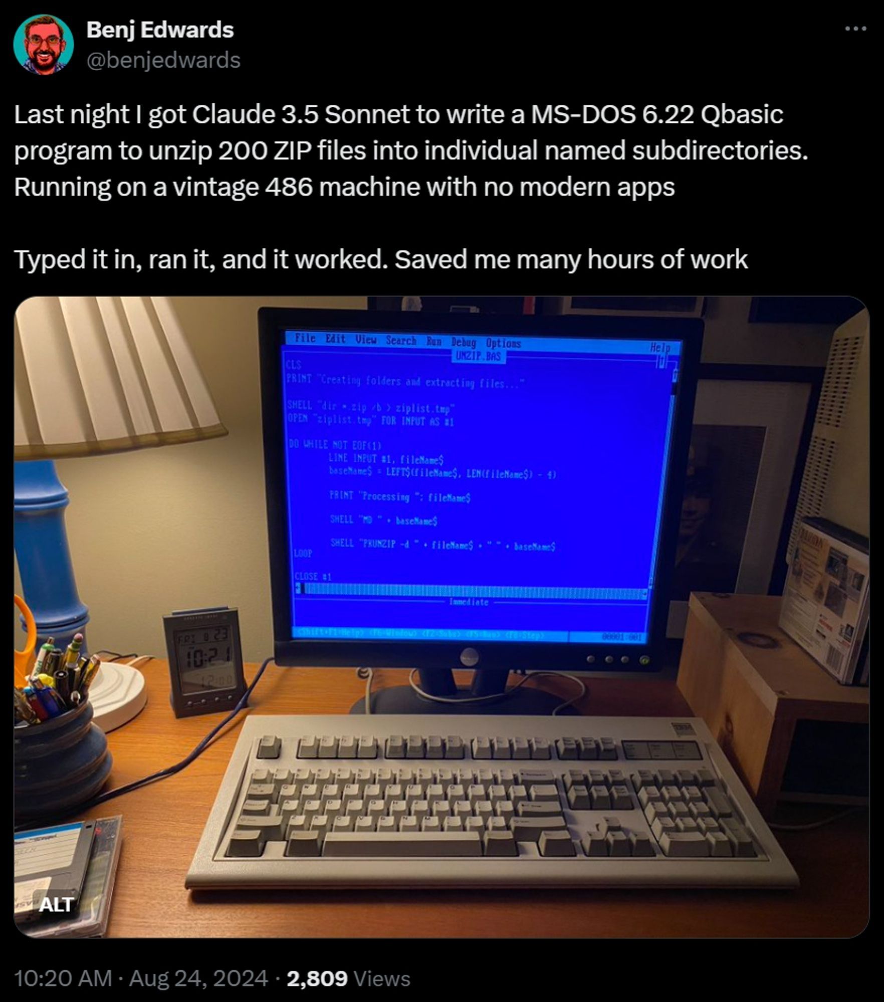 A screenshot of a tweet. Someone used some absurd amount of electricity and petabytes of unethically scraped data to write less than 10 lines of code on an old computer. This saved "hours of work" according to the post. "AI" in a nutshell