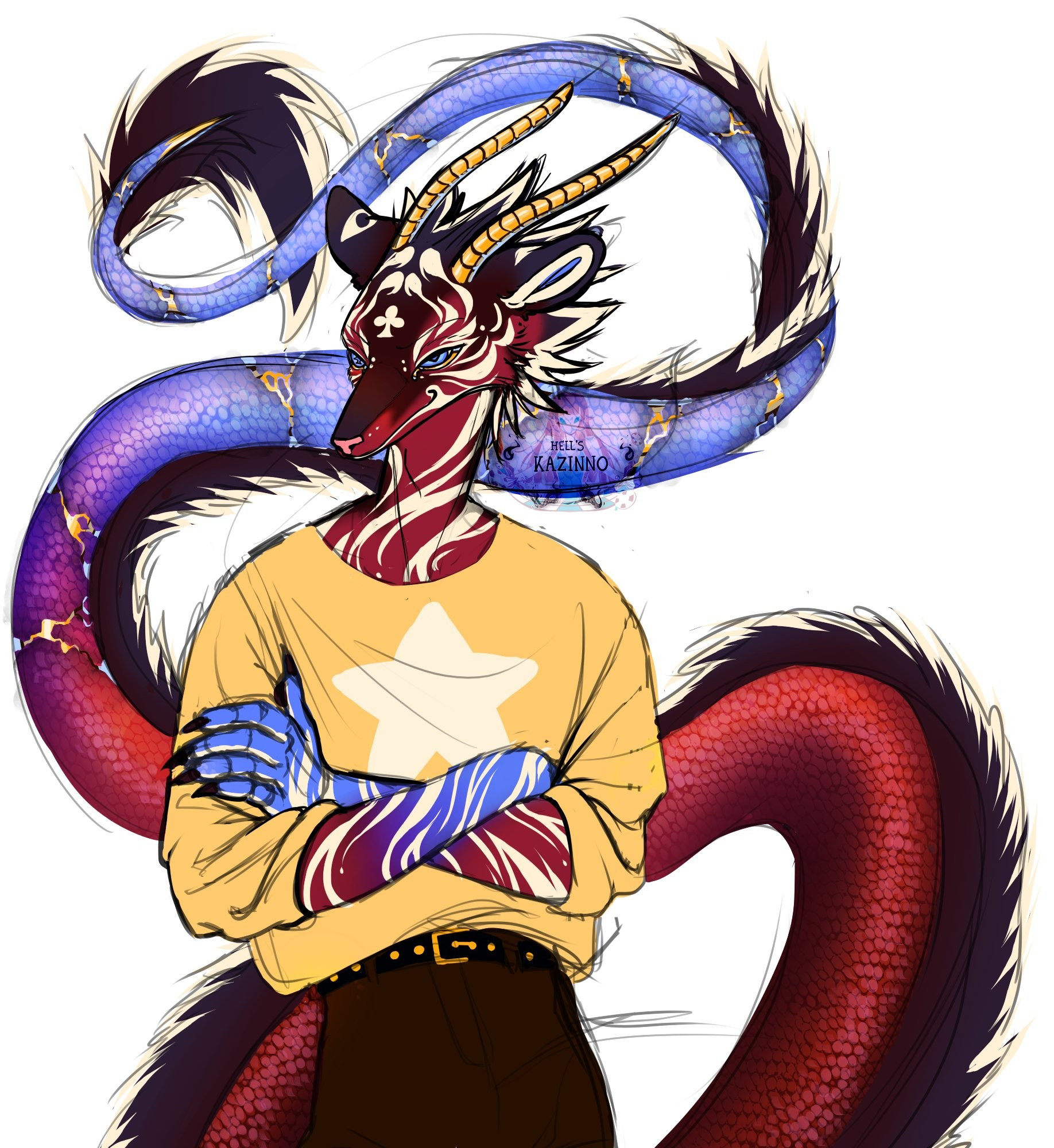 Blackhole version of the anthropomorphic tiger and Chinese dragon hybrid oc owned by Hell's KAZINNO. He's a maroon red with cream colored stripes all over his body and a spade marking on his forehead in the same cream color. His arms change from red, to purple and end in blue, making a gradien. His legs have the same appearance (although they're not visible in the drawing). His eyes are sharp and blue with his red pupils forming in the shape of a spade on the right eye and a diamond on the left, both eyes are outlined in the same gold as his long and sharp horns. His tail is long and has the same gradient as his arms, however unlike the furry appearance of his body, his tail is scaly and has large gold filled cracks all over it. The mane-like fur on his tail is dark maroon and dark blue, with cream colored tips.