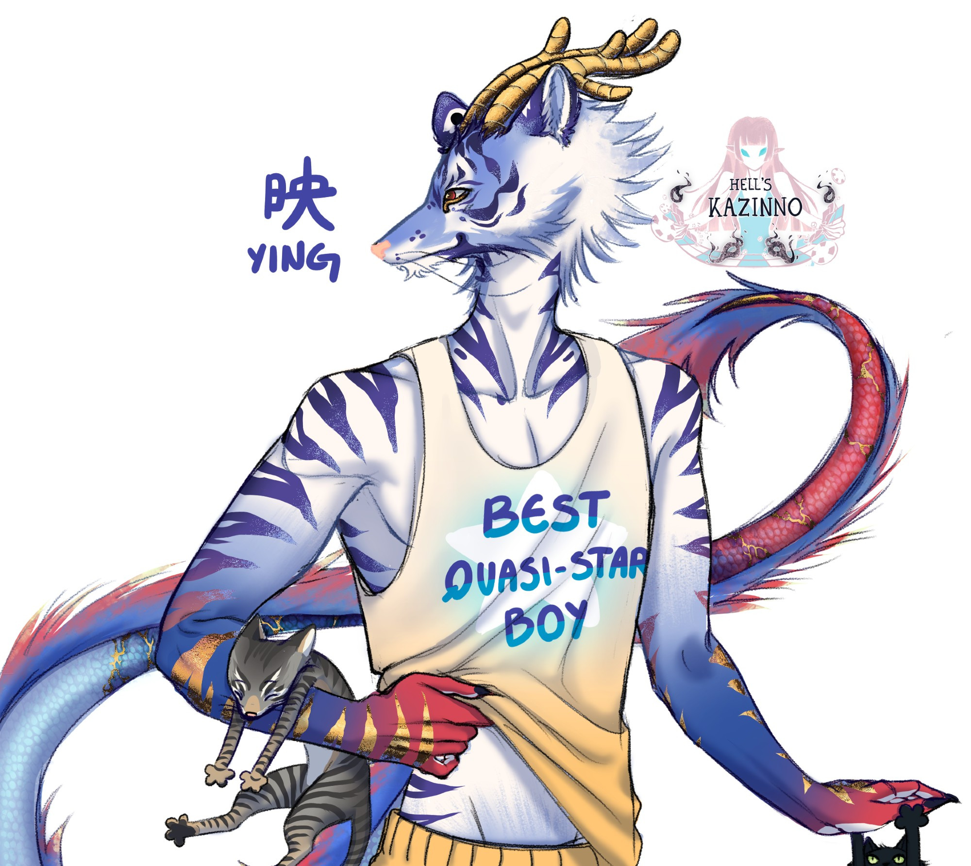 Star version of the anthropomorphic tiger and Chinese dragon hybrid oc owned by Hell's KAZINNO. He's white and blue with purple colored stripes all over his body. His hands changes to blue at his elbow and then red at his hand making a gradient, his legs have the same appearance (although they're not visible in the drawing). His eyes are sharp and red with his white pupils forming in the shape of a diamond on the right eye and clubs on the left, both eyes are outlined in the same gold as his long and tree like horns. His tail is long and has the same gradient as his arms, however unlike the furry appearance of his body, his tail is scaly and has large gold filled cracks all over it. The mane-like fur on his tail is light blue and red, with gold colored tips.