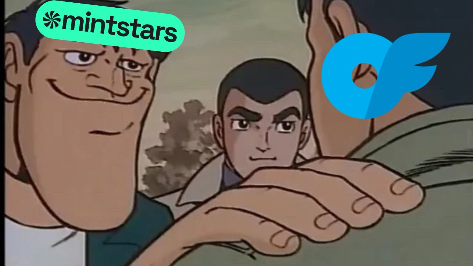 Meme of a big guy with a MintStars logo on his head menacingly putting his hand on another guy’s shoulder with an OnlyFans logo on his head, while the big guy’s friend looks at onlyfans guy threateningly.