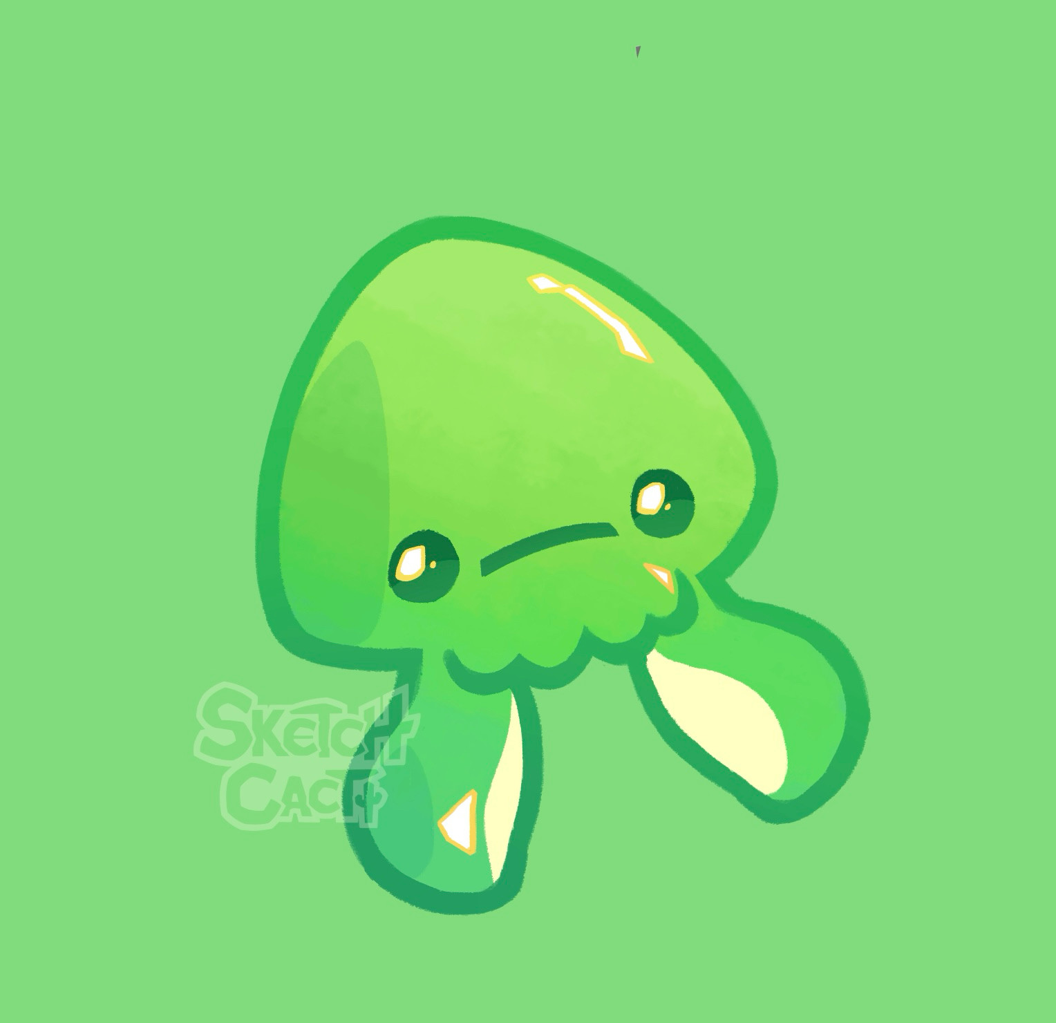 Drawing of a tiny green splatoon squid looking gummy candy like  