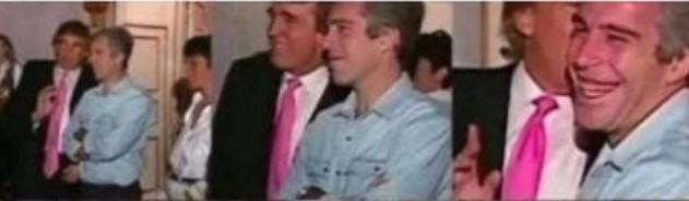 Trump and Epstein in close, very familiar proximity, whisper and chuckle in three consecutive snapshots.