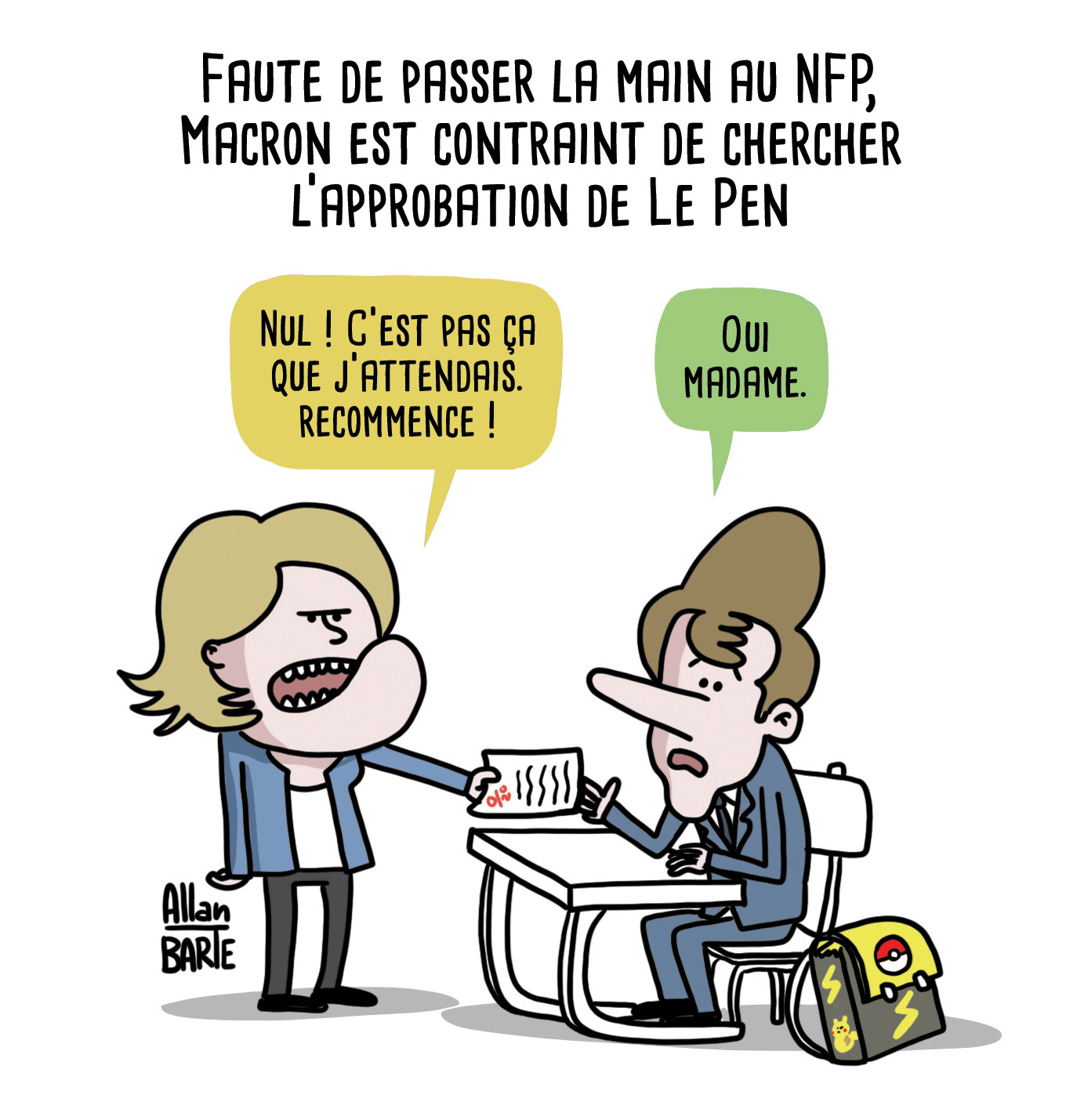 Titre : Faute de passer la main au NFP, Macron est contraint de chercher l’approbation de Le Pen
Le Pen, raide, dans la position de la maîtresse, tend une copie (0/20) à Macron : - Nul ! C'est pas ça que j'attendais. Recommence ! Macron, confus, assis à une table d'écolier. - Oui madame.