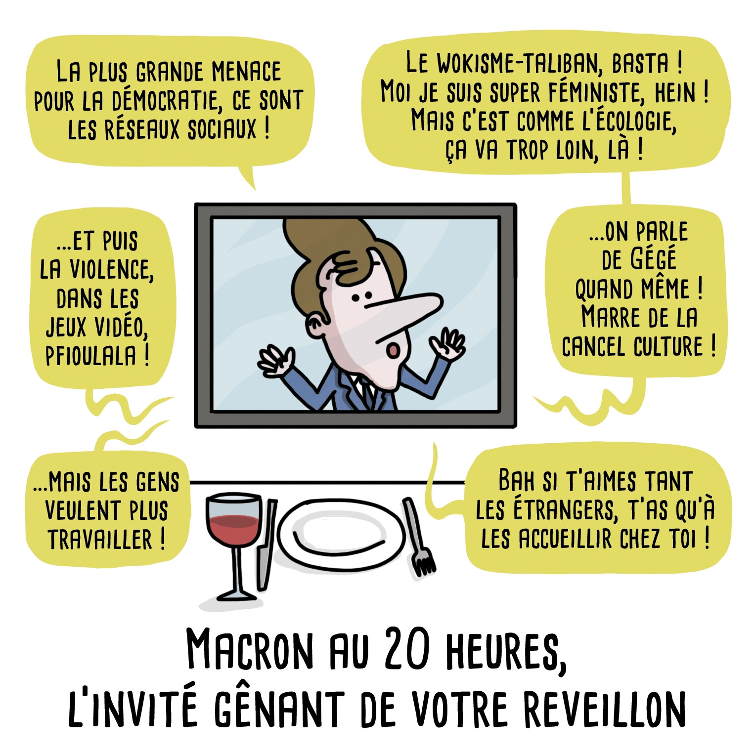 Devant une assiette et des couverts est placée une télé. Macron y trône, comme un convive. 

- La plus grande menace pour la démocratie, ce sont les réseaux sociaux !- ...et puis la violence, dans les jeux vidéo, pfioulala !- ...mais les gens veulent plus travailler !- Le wokisme-taliban, basta ! Moi je suis super féministe, hein ! Mais c’est comme l’écologie, ça va trop loin, là !- ...on parle de Gégé quand même ! Marre de la cancel culture !- Bah si t’aimes tant les étrangers, t’as qu’à les accueillir chez toi ! 

Titre : Macron au 20 heures, l’invité gênant de votre réveillon