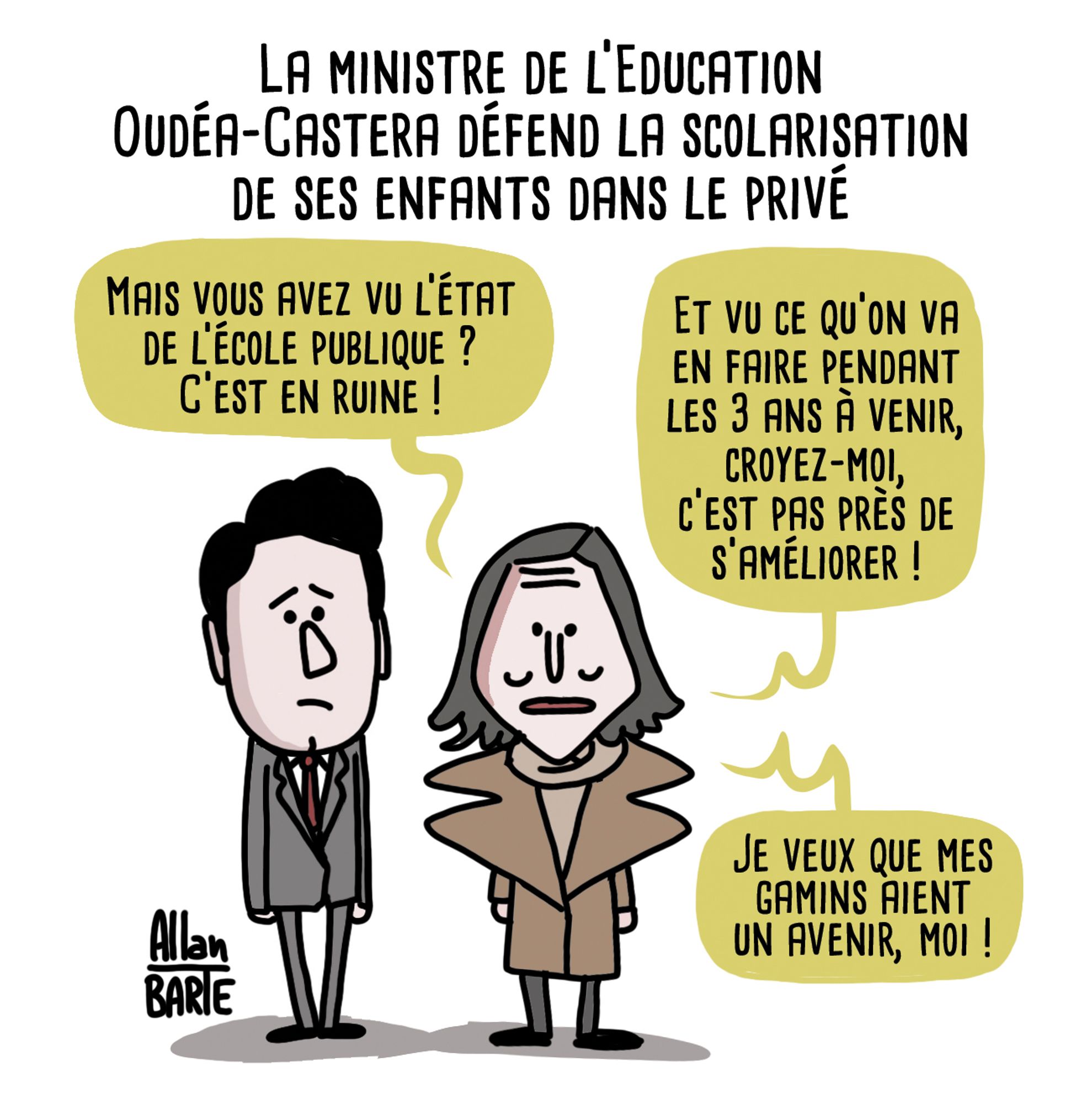 Attal semble désespéré. A ses côtés, Oudéa-Castera, raide et mal à l'aise, s'explique à la presse.
- Mais vous avez vu l’état de l’école publique ? C’est en ruine !
- Et vu ce qu’on va en faire pendant les 3 ans à venir, croyez-moi, c’est pas près de s’améliorer !
- Je veux que mes gamins aient un avenir, moi !