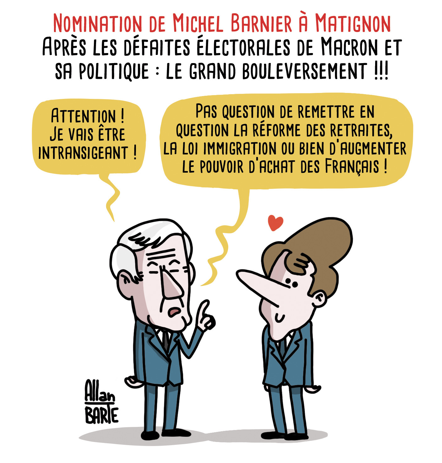 Titre : Nomination de Michel Barnier à Matignon
Après les défaites électorales de Macron et sa politique : le grand bouleversement

Michel Barnier, intraitable :- Attention ! Je vais être intransigeant !- Pas question de remettre en question la réforme des retraites, la loi immigration ou bien d’augmenter le pouvoir d’achat des Français !