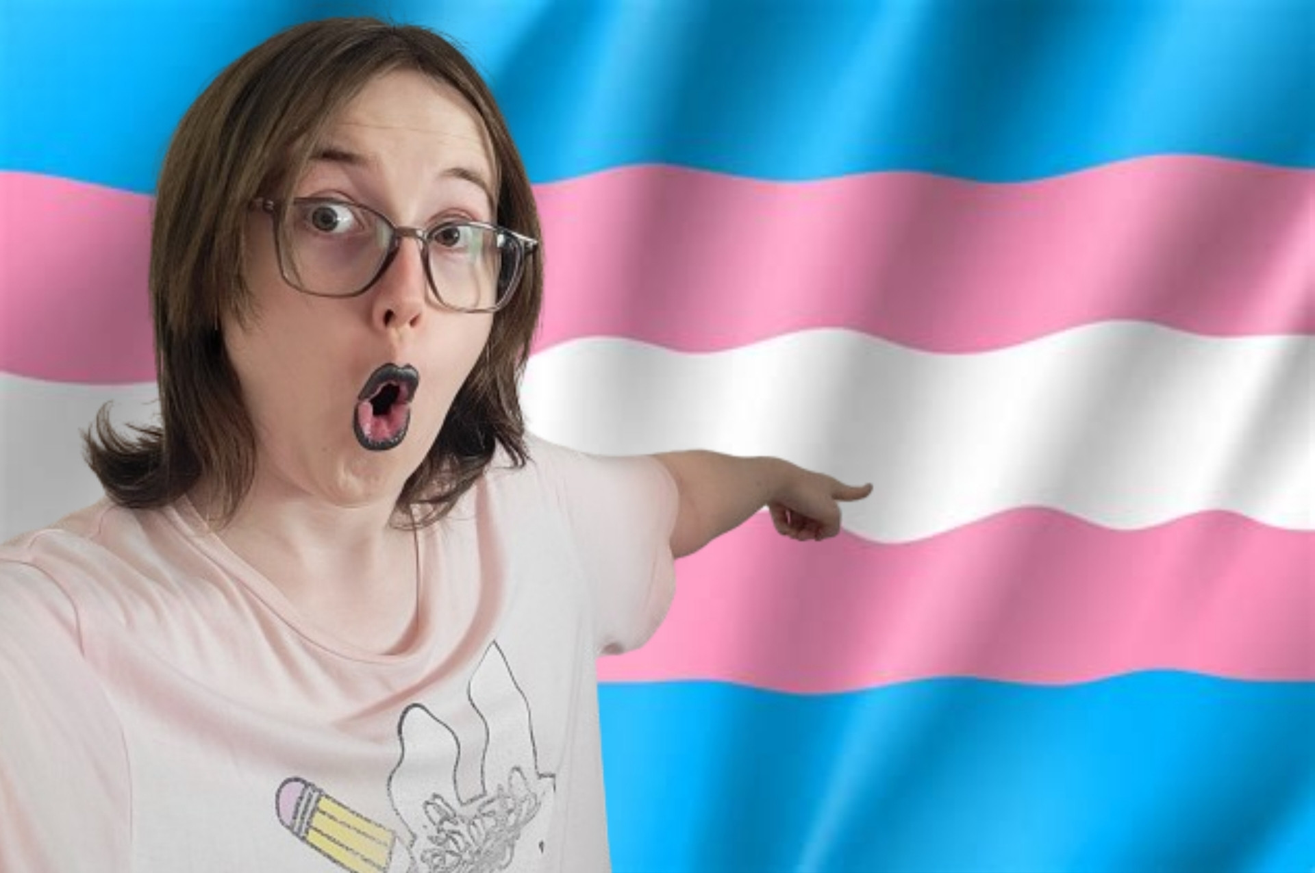 Photo of Revy Photoshopped onto a transgender flag
She's pointing back and looking shocked