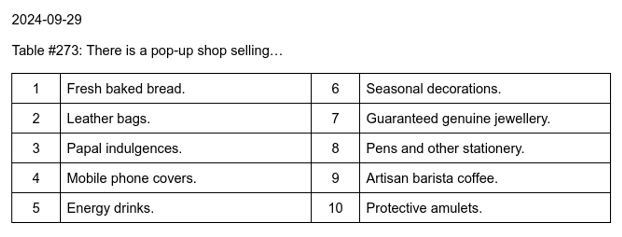 2024-09-29
Table #273: There is a pop-up shop selling… 
1. Fresh baked bread.
2. Leather bags.
3. Papal indulgences.
4. Mobile phone covers.
5. Energy drinks.
6. Seasonal decorations.
7. Guaranteed genuine jewellery.
8. Pens and other stationery.
9. Artisan barista coffee.
10. Protective amulets.