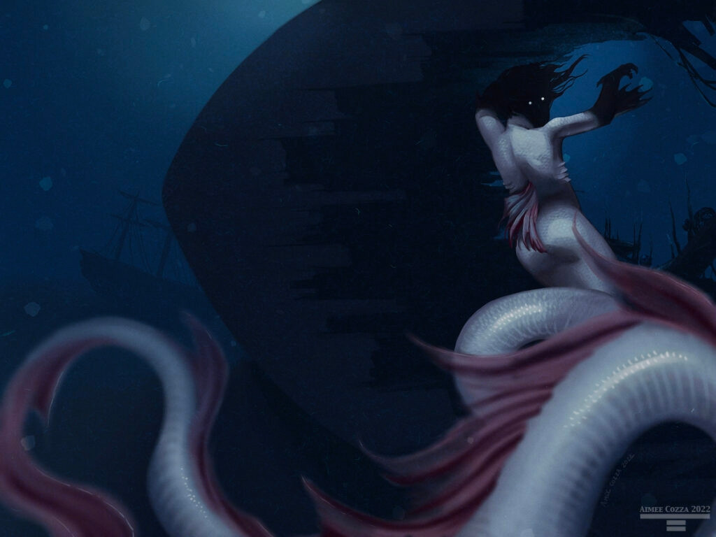 An underwater illustration, landscape orientation, where an eel-like fish person is leading the viewer to a hole punched in a sunken ship. The merperson is pale and semi-transparent, and is looking over his shoulder with luminous eyes in the darkness towards the viewer.