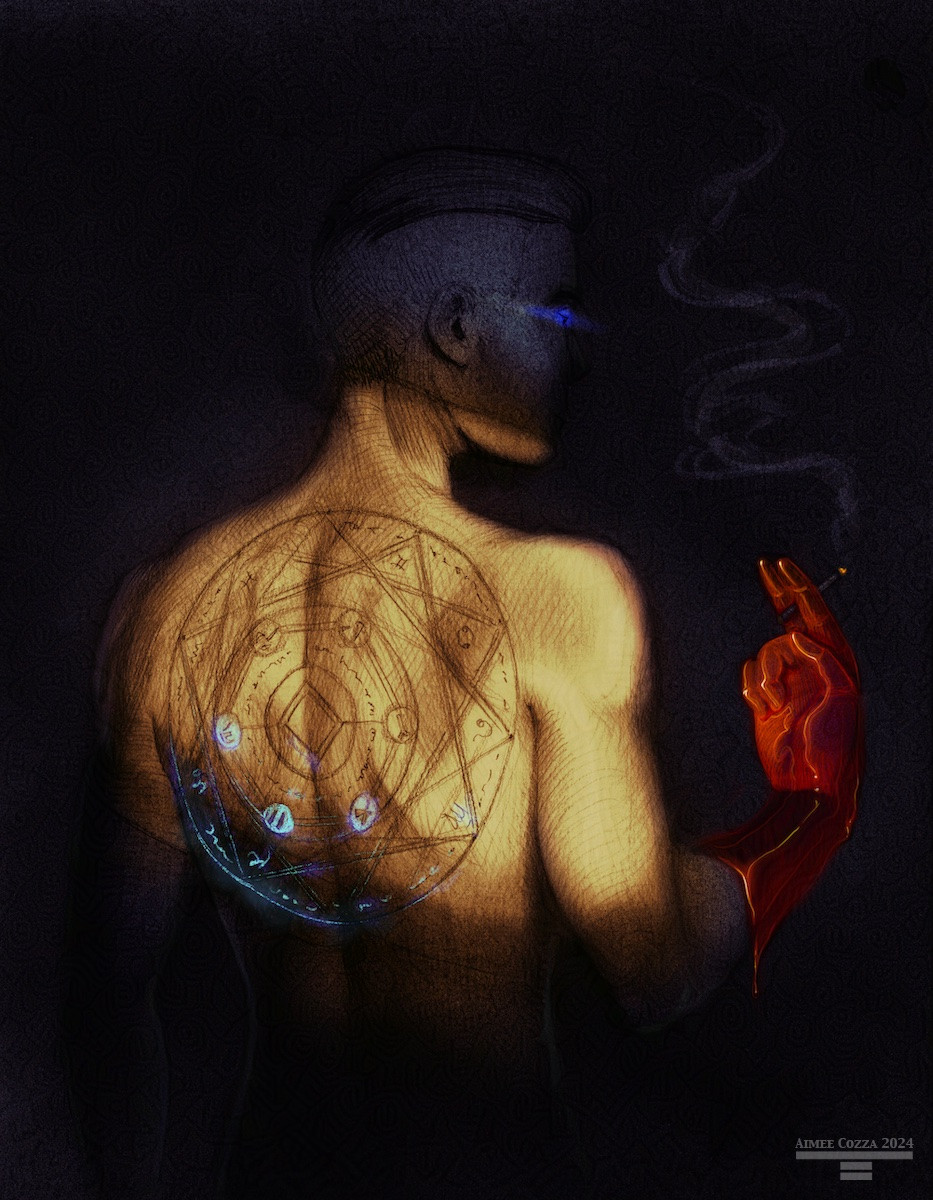 A man's back lit by a sunbeam. He has a ritual circle tattooed on his back that is starting to glow blue. His hand is covered in blood and he has a cigarette in his fingers.