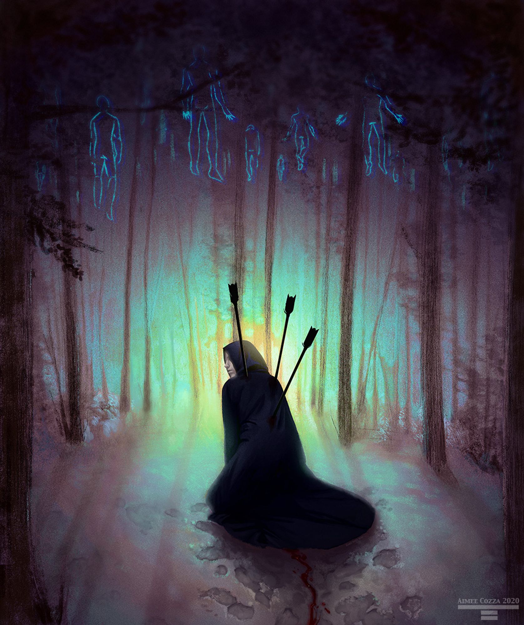 A person doubled over, covered in a cloak, pierced through with three arrows. In front of them is a multicolor glowing forest, with luminescent blue ghosts hanging amongst the trees.