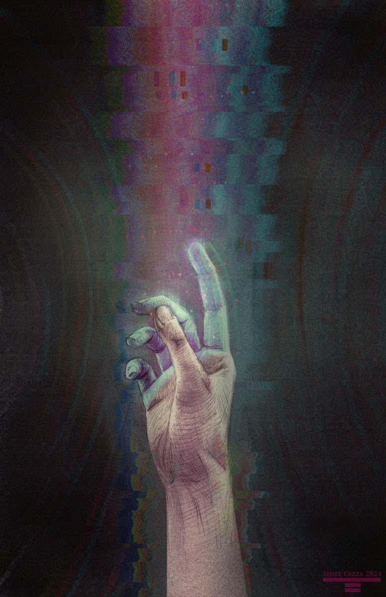 A hand reaching up into the sky and touching a colored beam.