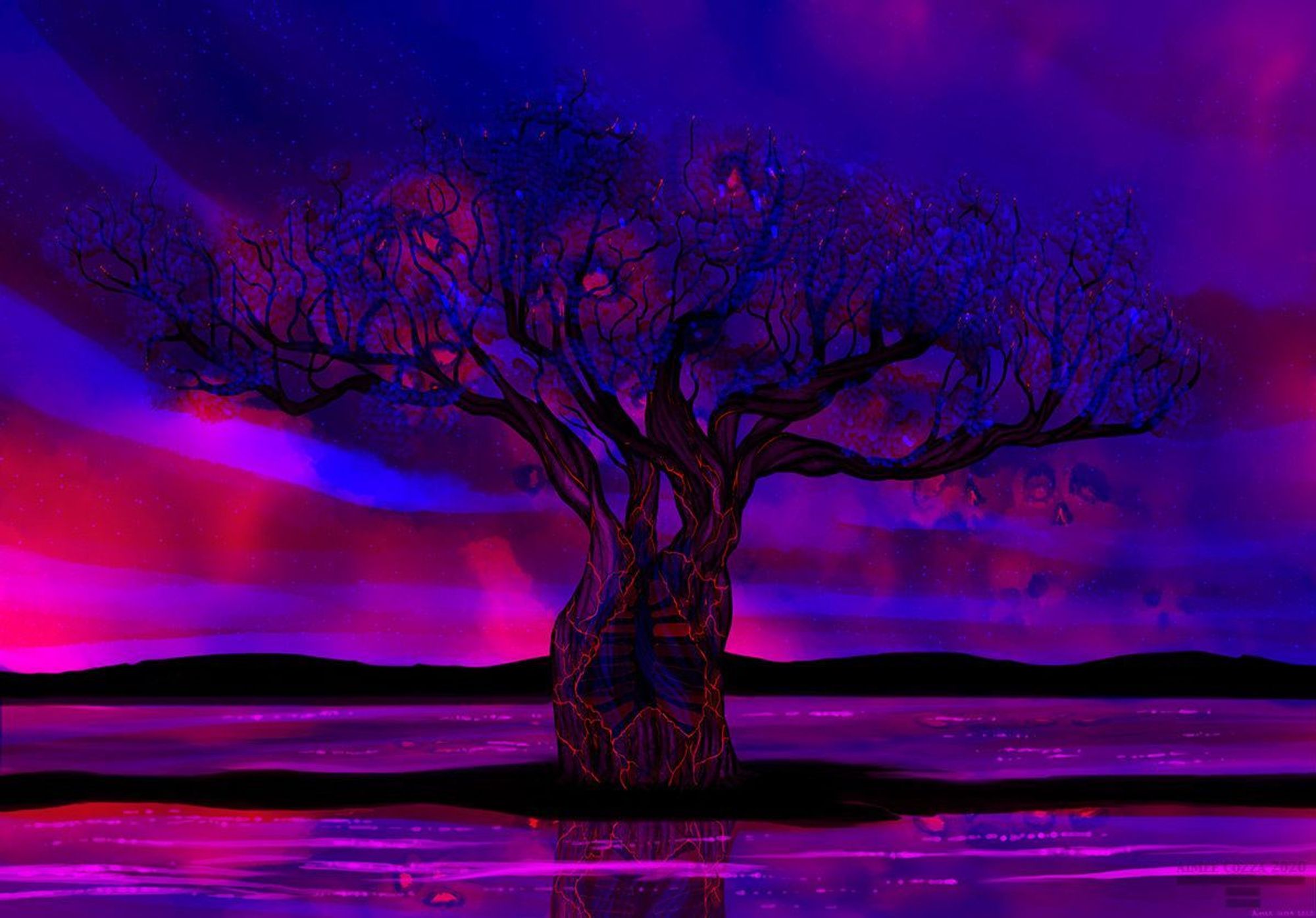 A blue/red/purple depiction of a tree with vague skulls in the canopy.