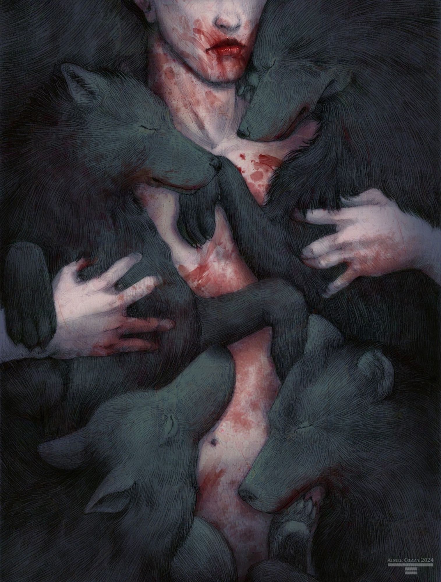 An illustration of a person from the chin down. They have both their arms around black wolves, which are asleep and cuddled against the person. Two more wolves are asleep and piled on top. The person and the animals are all smeared and smattered with blood, indicating they had a great meal together.