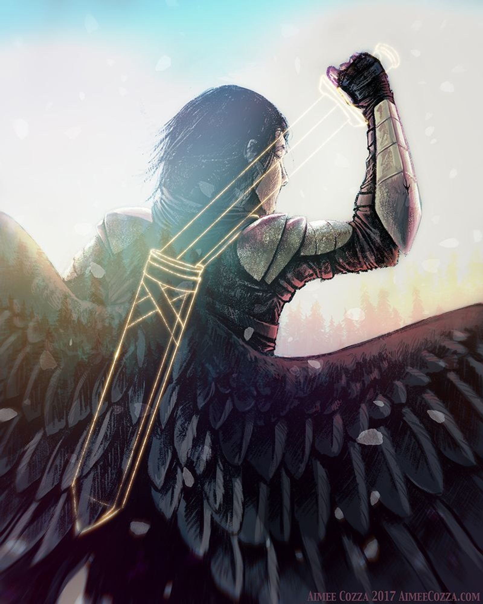 A man wearing armor with large black and white wings walking towards sunrise/sunset. He has his arm reaching back to grab the hilt of a sword with his seated between his wings.