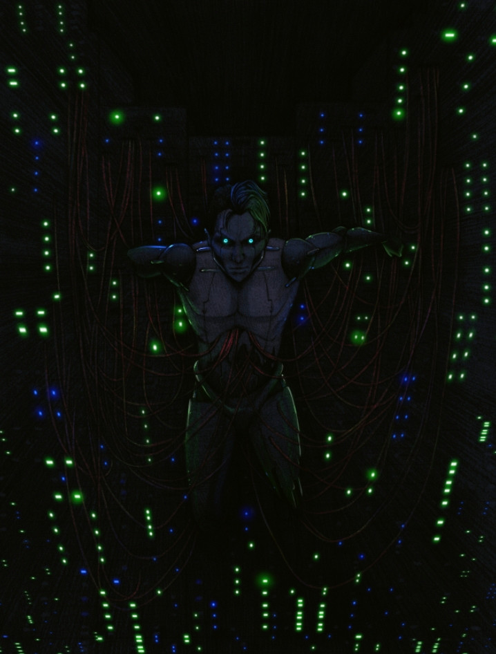 A drawing of a cyborg/android strung up amidst racks of computers/servers, gripping to various wires that are inserting into his body. It is very dark and on the reflections on his body and green/blue lights on the machines are visible, along with his light blue eyes.