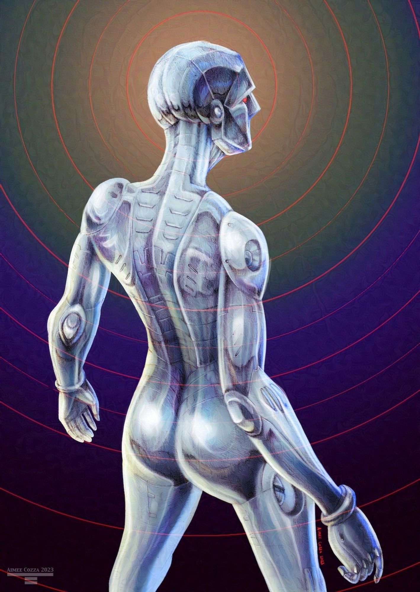 An illustration of a shiny silver robot with its backside facing us, head turned to just see a red eye over the shoulder. Red concentric circles are emanating from the head of the robot.