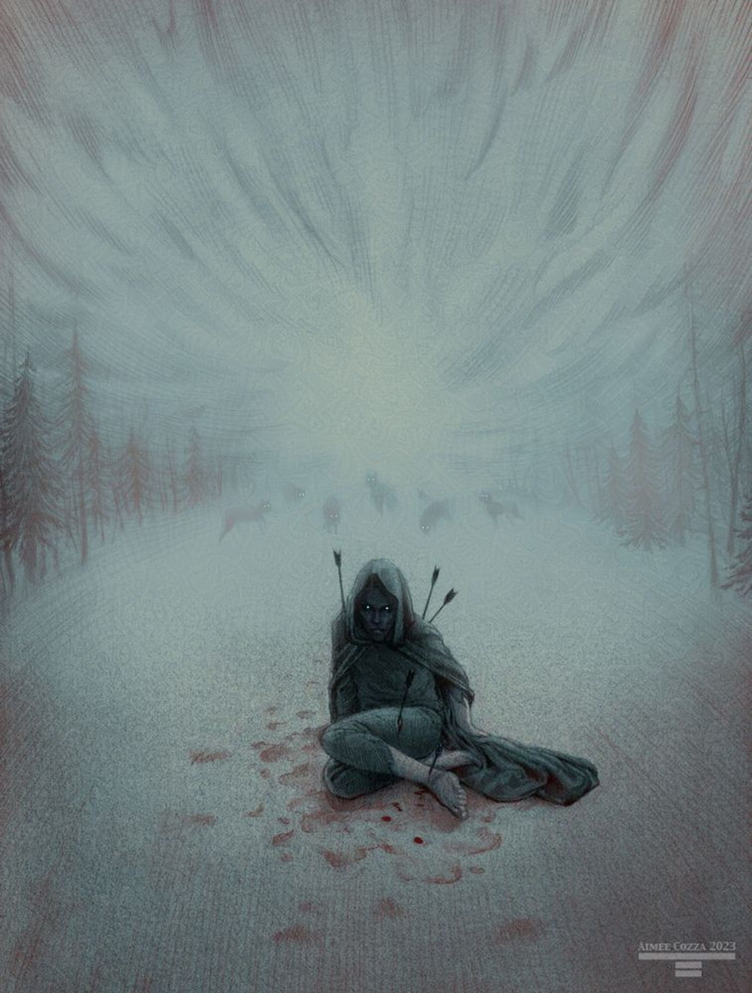 A man, bleeding and pierced with arrows, cloaked and bent over on a snowy ground, covered mostly by ominous fog. He is peering out through the shadows of his hood, and his eyes are glowing. Silhouettes of wolves stand on the horizon with similarly glowing eyes.