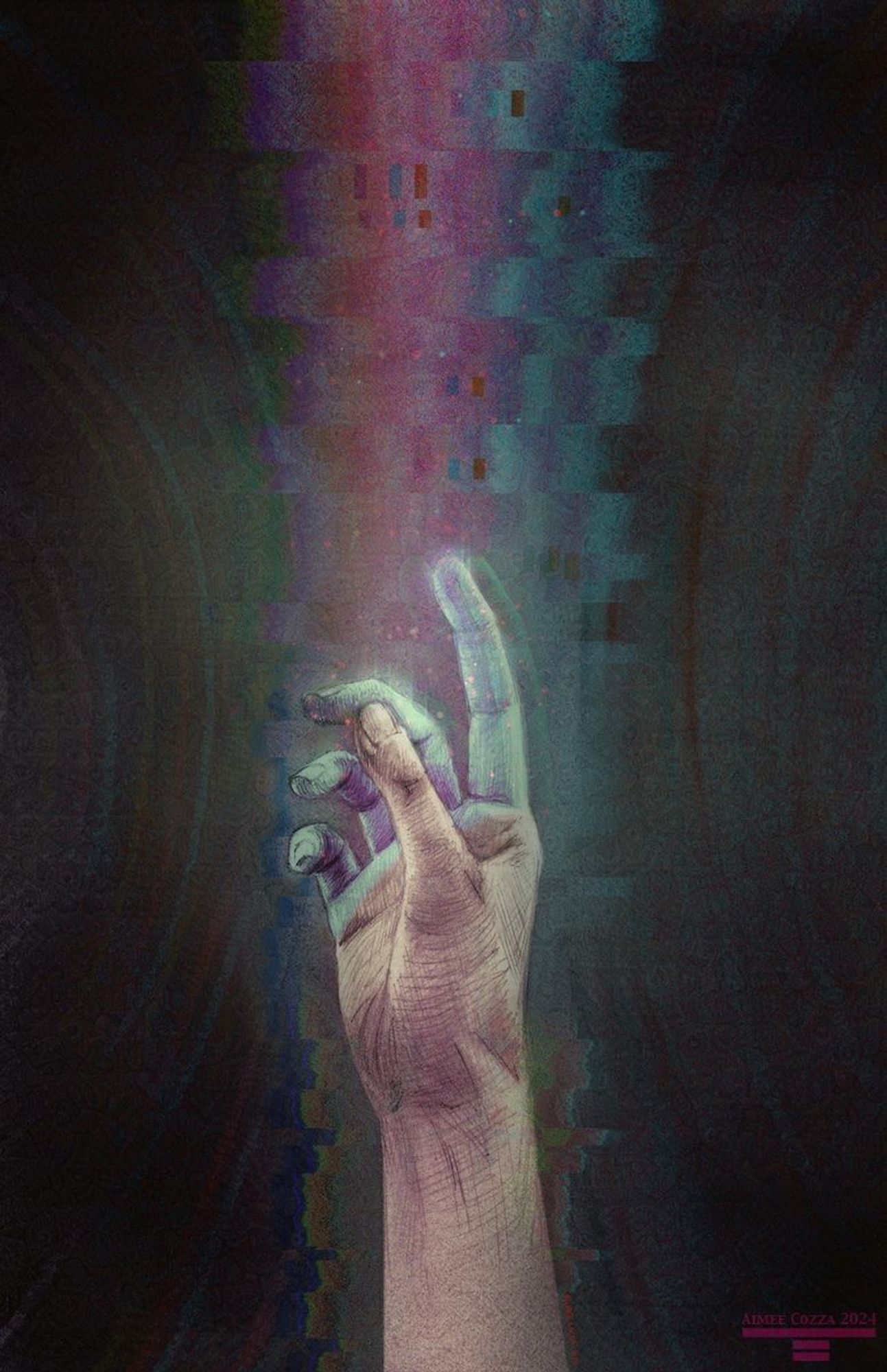 A hand reaching up and touching a glitchy, multi-colored beam.