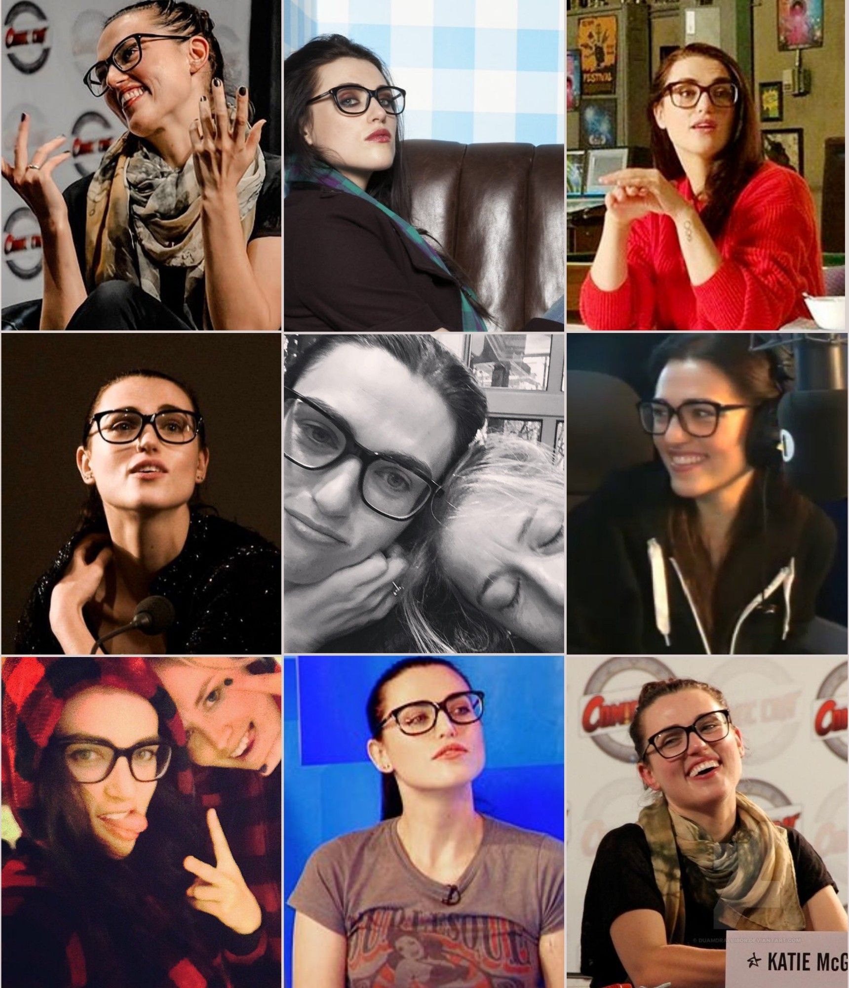 9 pictures in a collage of katie mcgrath wearing large black glasses