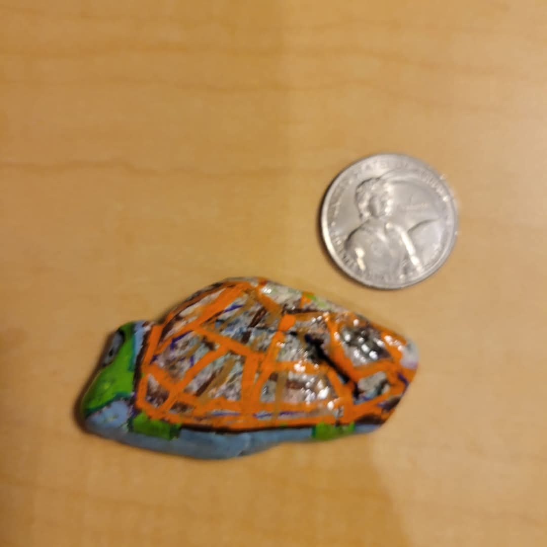 Ok this is clever. Good job, Past Me. 

This turtle is probably related to the other orange and green one, and I'd guess it's from around the same time. 

(Once a paint pen is out, I tend to use the same color combinations on multiple rocks until I realize that I'm doing that again and force myself to try some different colors)