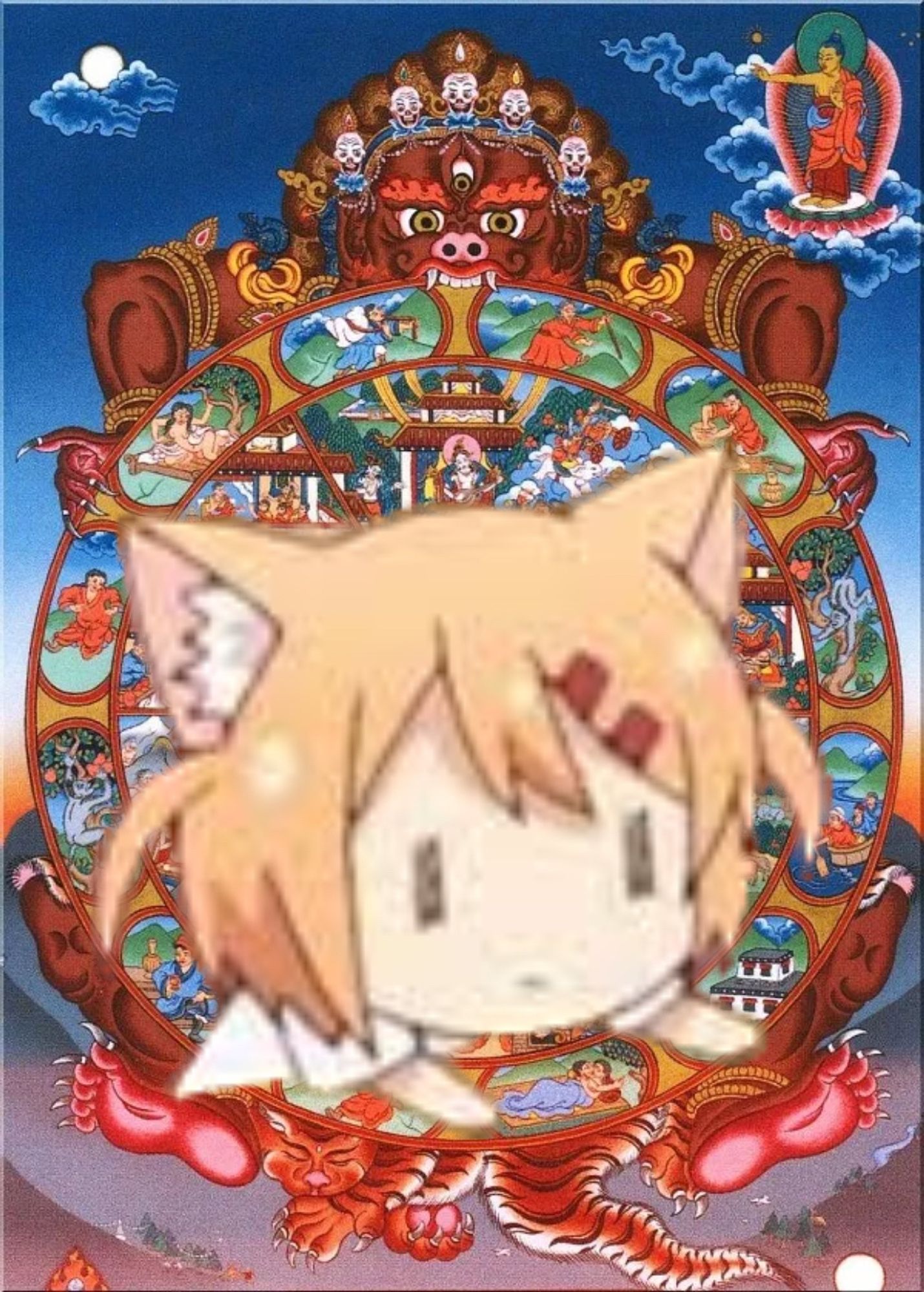 spilled jice cat girl in fromt of wheel of samsara