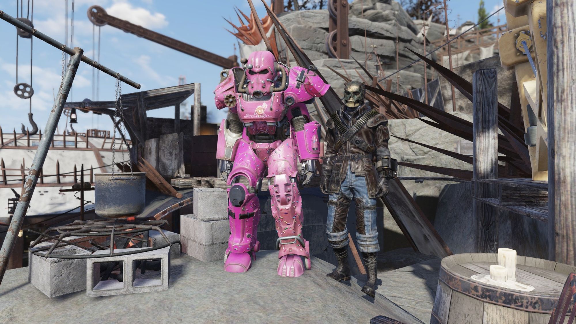 alois outfit & powerarmor bei fallout 76, pa pink mit streuseln und einem lustigen donut, outfit so madmax mäsch mit gruselige totenkopfmask