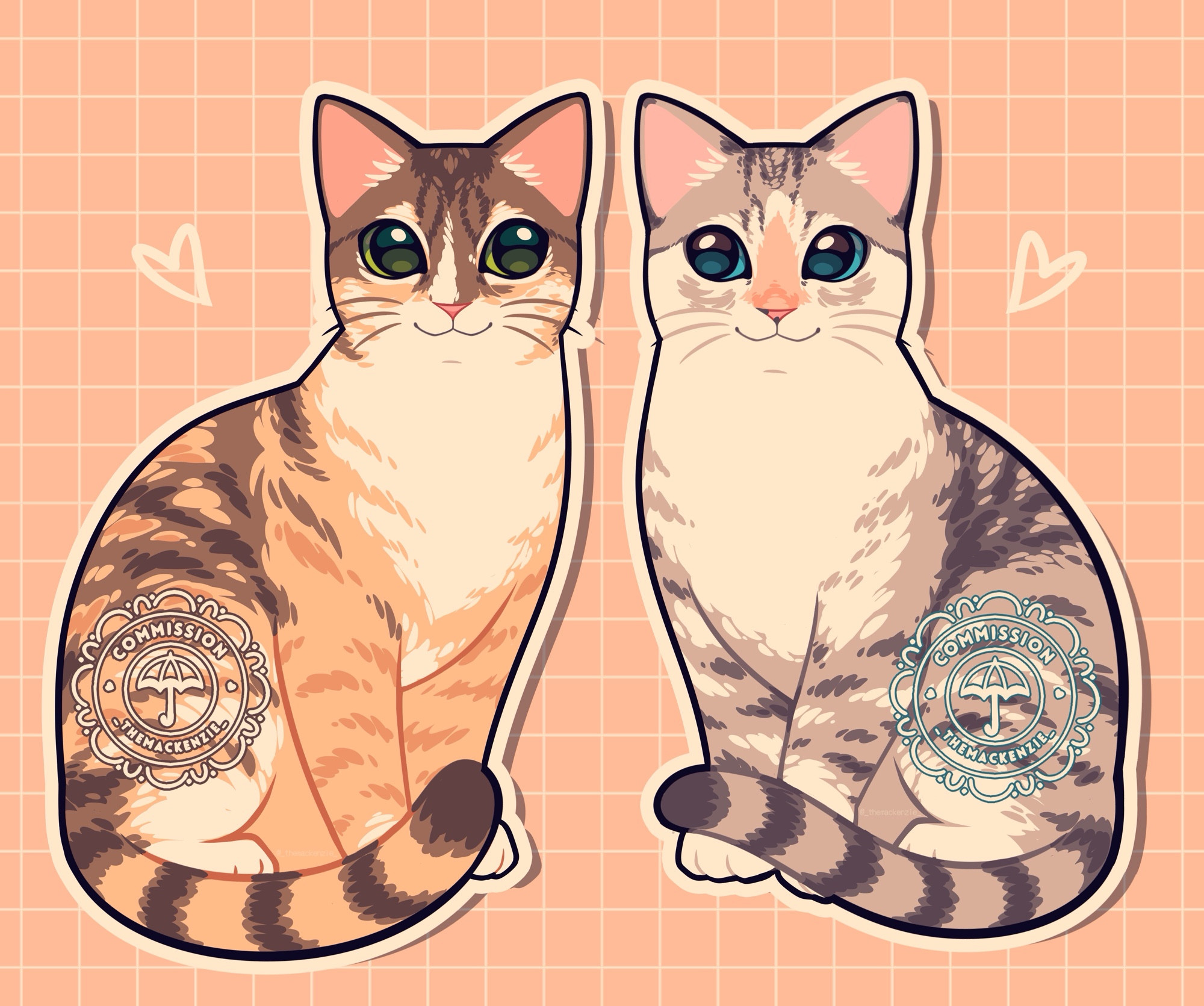 Two illustrated cats sit facing the “camera” with their striped tails curled in front of their paws. The cat on the left has green eyes and orange/brown/cream fur in a tabby pattern. The cat on the left has blue eyes and silver/black/peach/cream fur, Siamese-tabby mix. Both images are on a light orange background with a white grid pattern and hearts beside them. The artist (Mackency) placed their commission stamp on both cats to indicate that they are works that I commissioned.