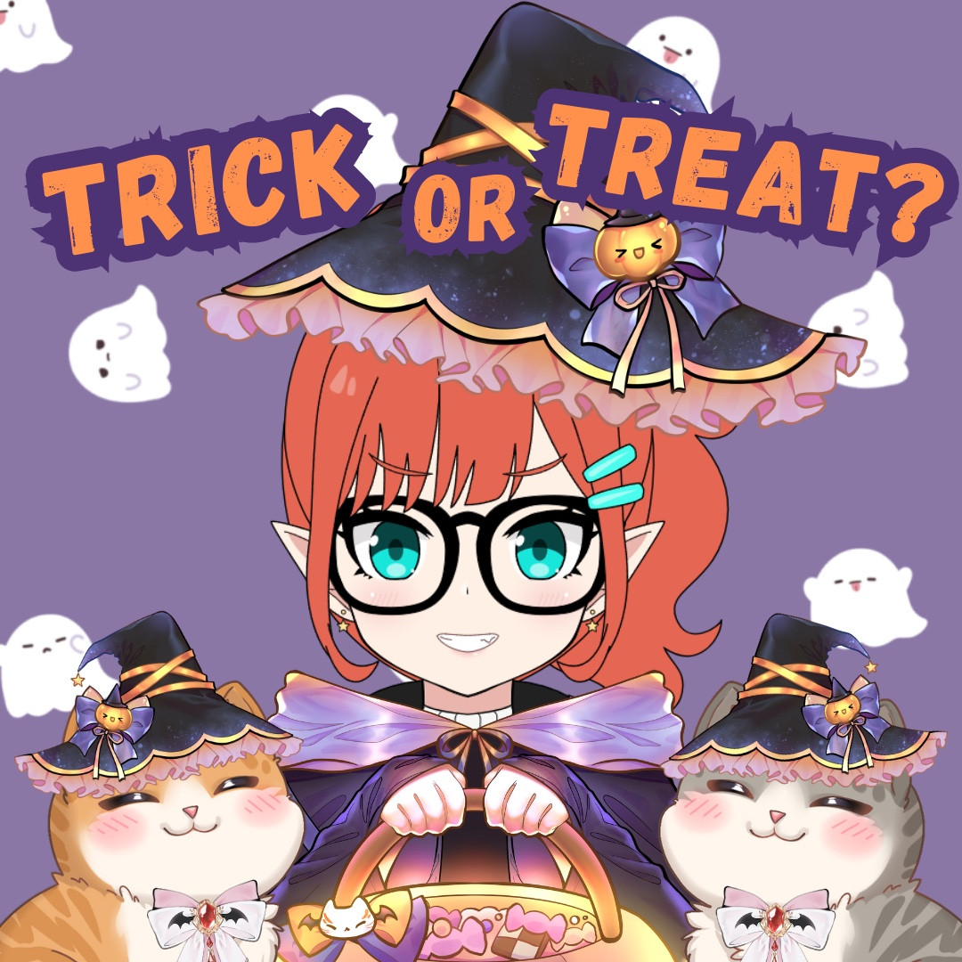 My avatar wearing a witch costume and holding a bucket of candy. Two cats also wear witch hats and lil bat wing bows. The background is purple with ghost designs. Orange and purple text says “TRICK or TREAT?”