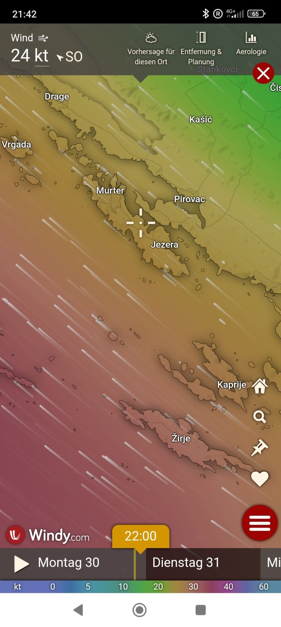 Windkarte/Vorhersage aktuell für die Adria, Wind aus SO mit 25Kn/Windgeschwindigkeit im Raum Kornaten / Insel Murter/Jezera