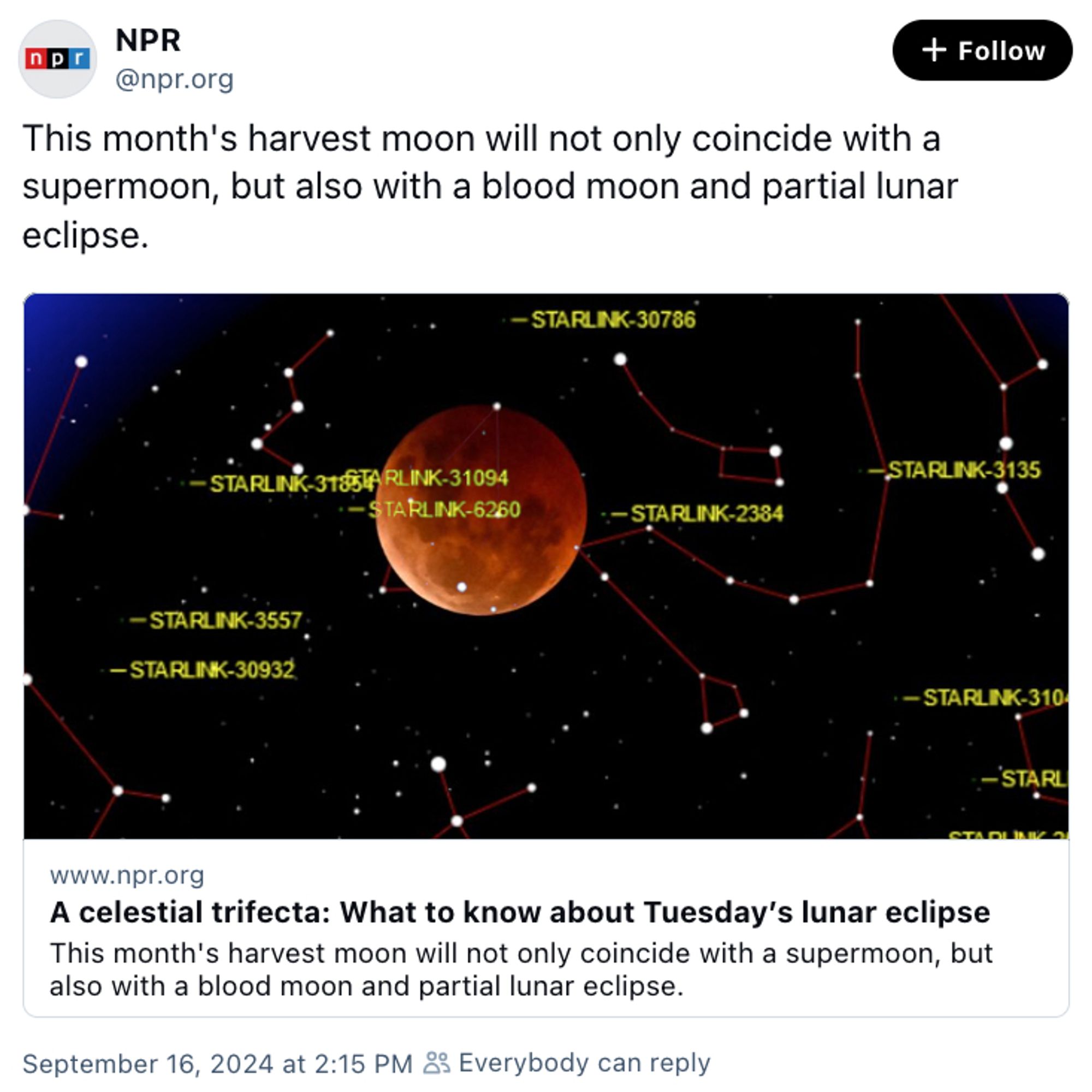 Screenshot of NPR tweet with Starlink satellite locations and labels overlaid over the moon pic.